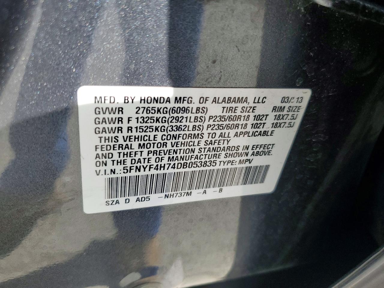 2013 Honda Pilot Exln Charcoal vin: 5FNYF4H74DB053835