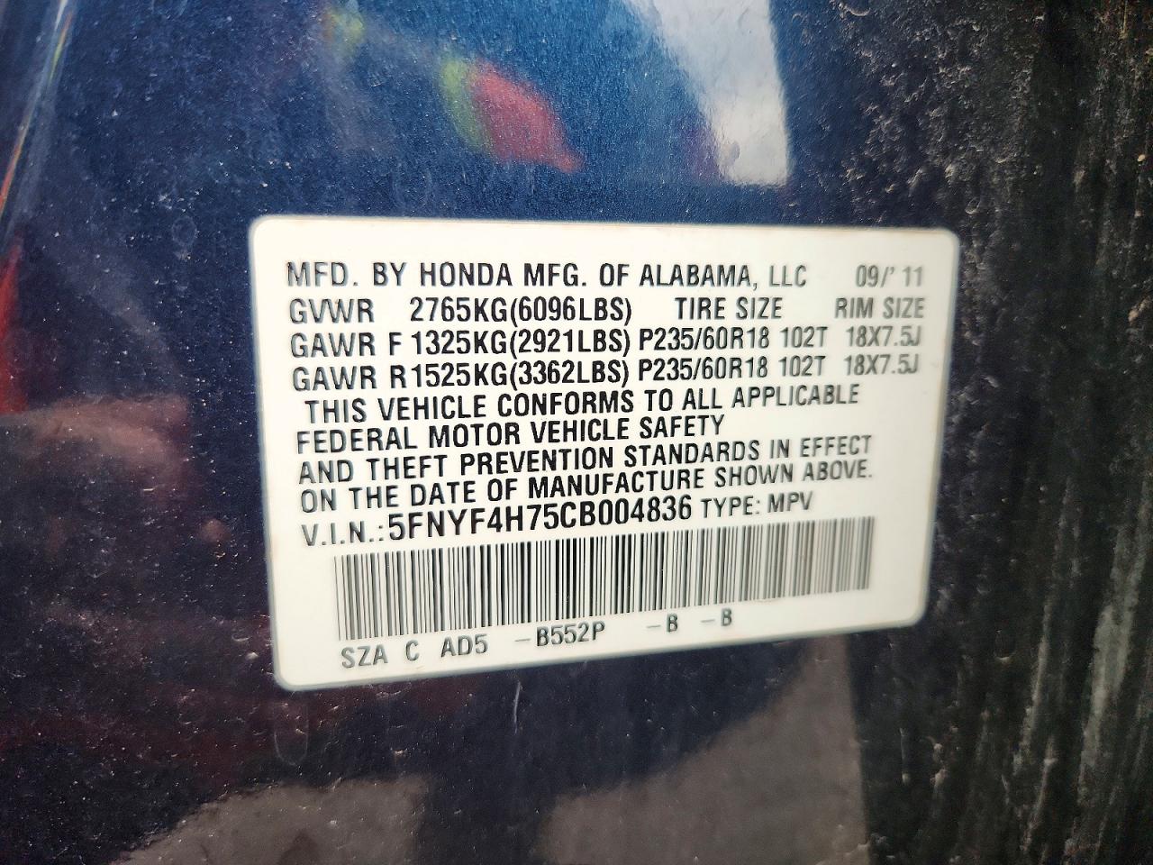2012 Honda Pilot Exln Blue vin: 5FNYF4H75CB004836