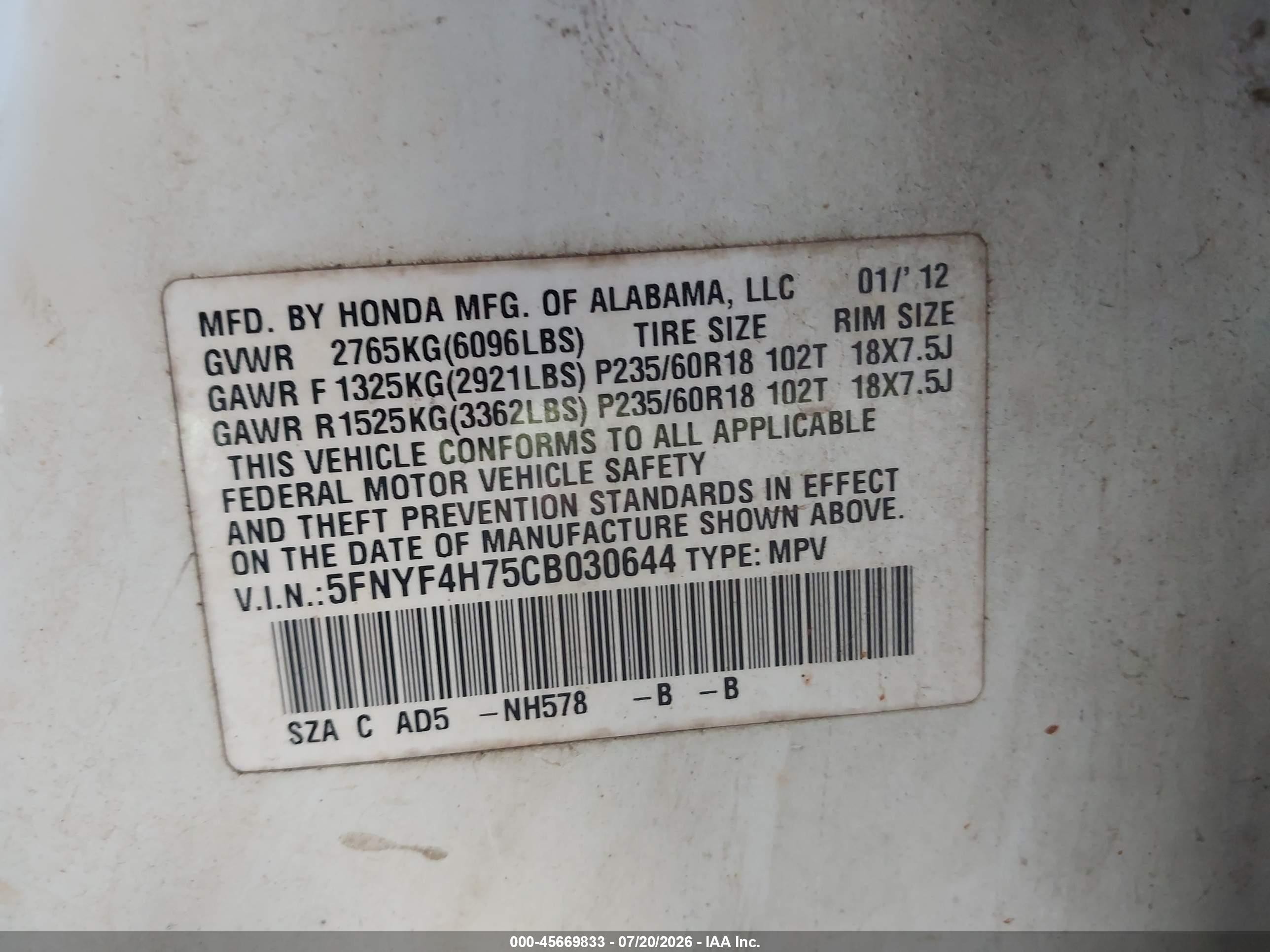 2012 Honda Pilot Ex-l White vin: 5FNYF4H75CB030644