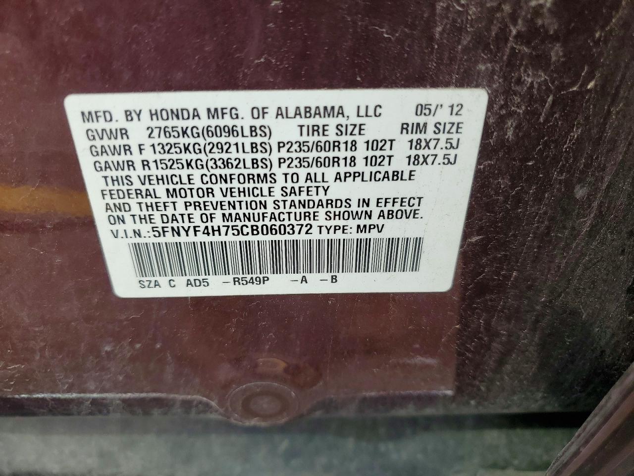 2012 Honda Pilot Exln Burgundy vin: 5FNYF4H75CB060372