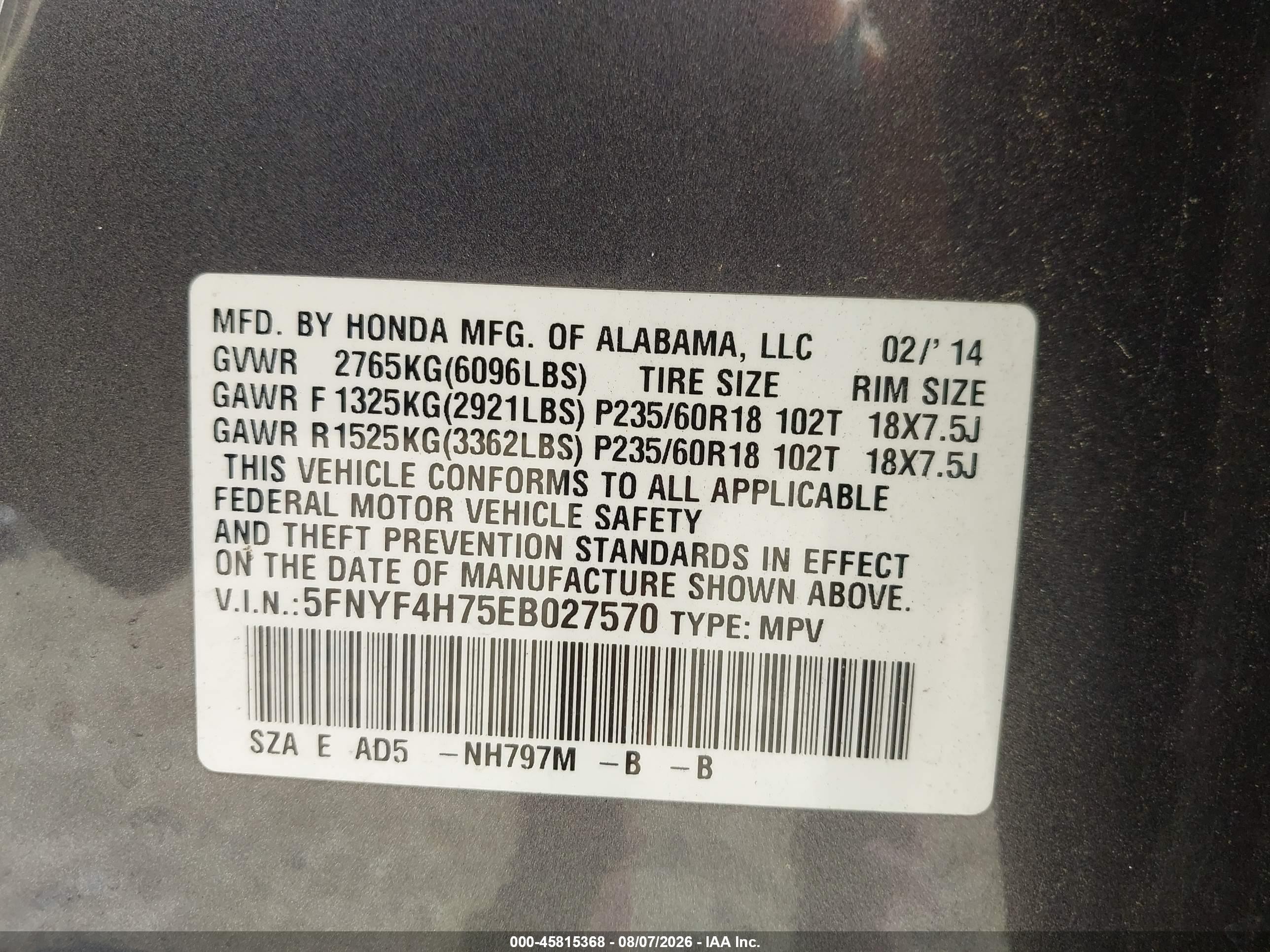 2014 Honda Pilot Ex-l Gray vin: 5FNYF4H75EB027570