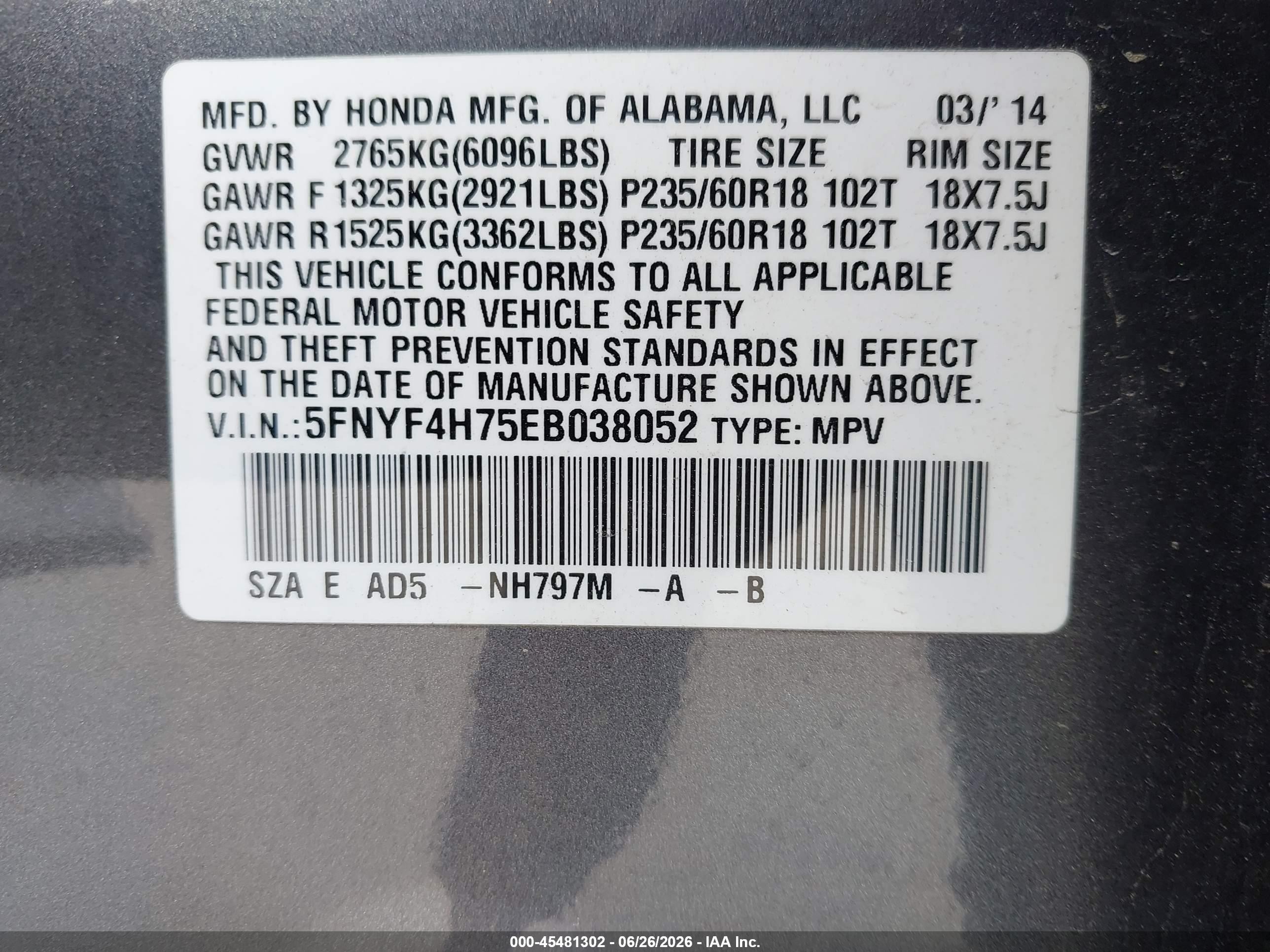 2014 Honda Pilot Ex-l Gray vin: 5FNYF4H75EB038052