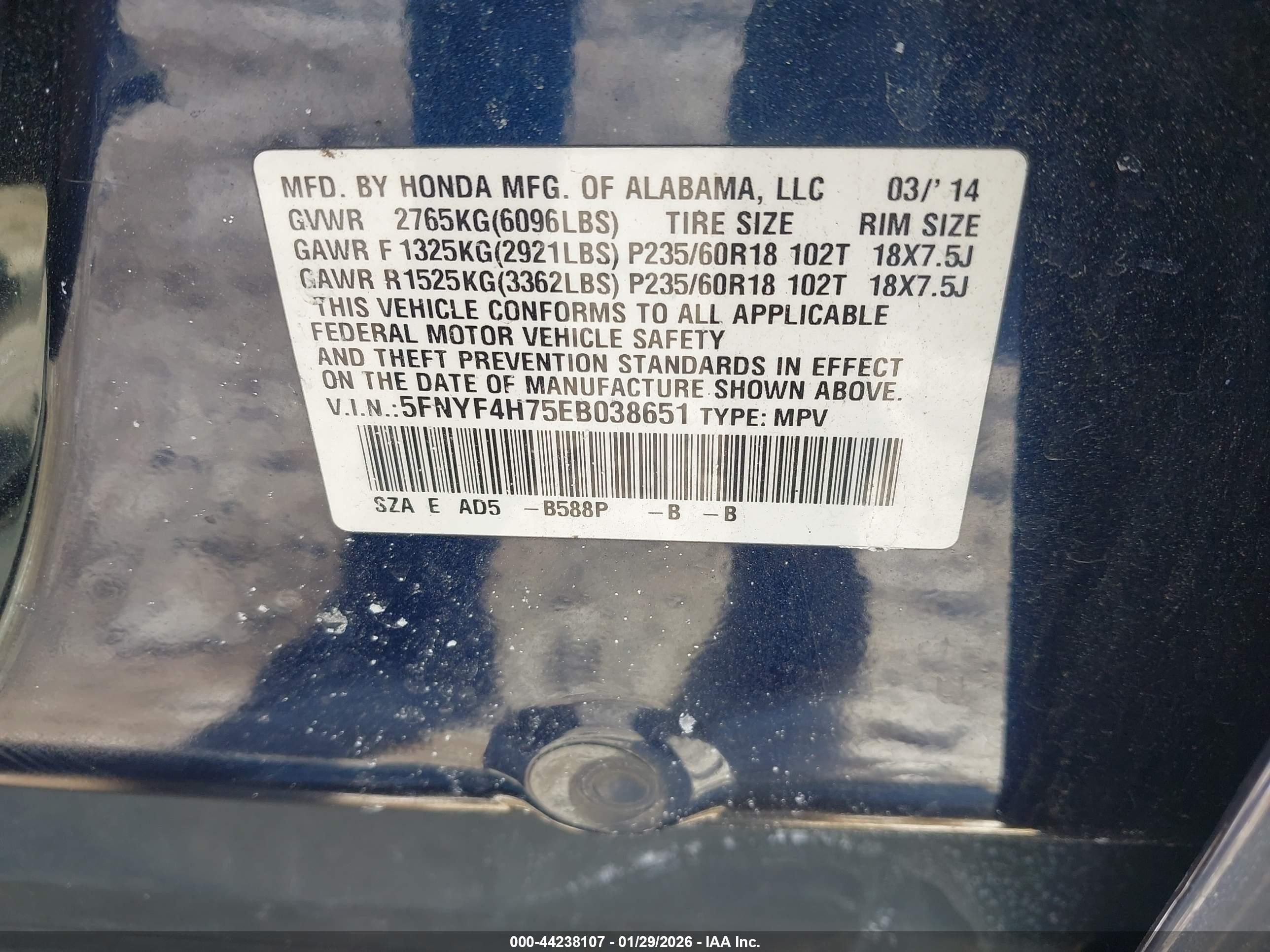 2014 Honda Pilot Ex-l Blue vin: 5FNYF4H75EB038651