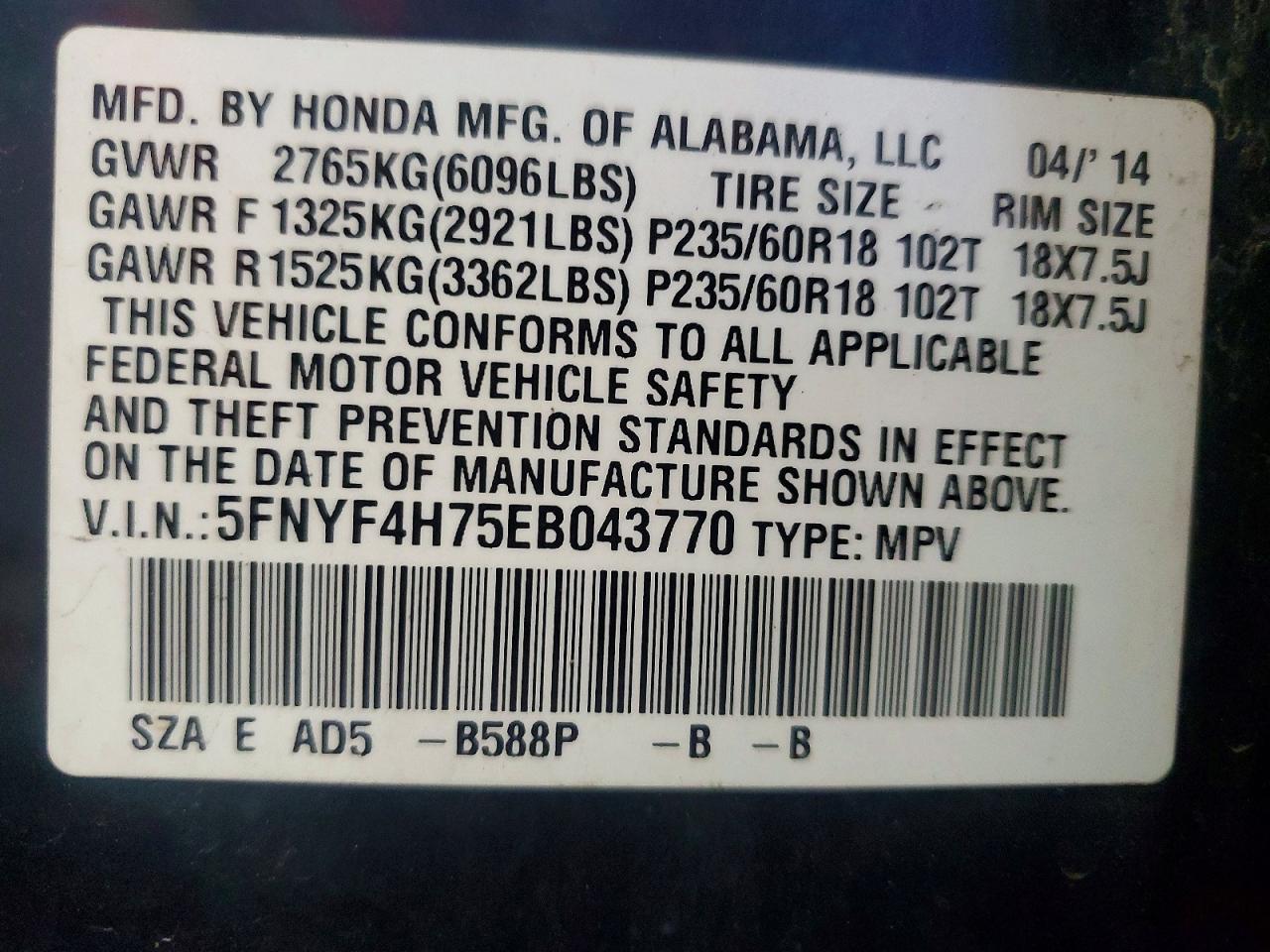 2014 Honda Pilot 4x4 Blue vin: 5FNYF4H75EB043770