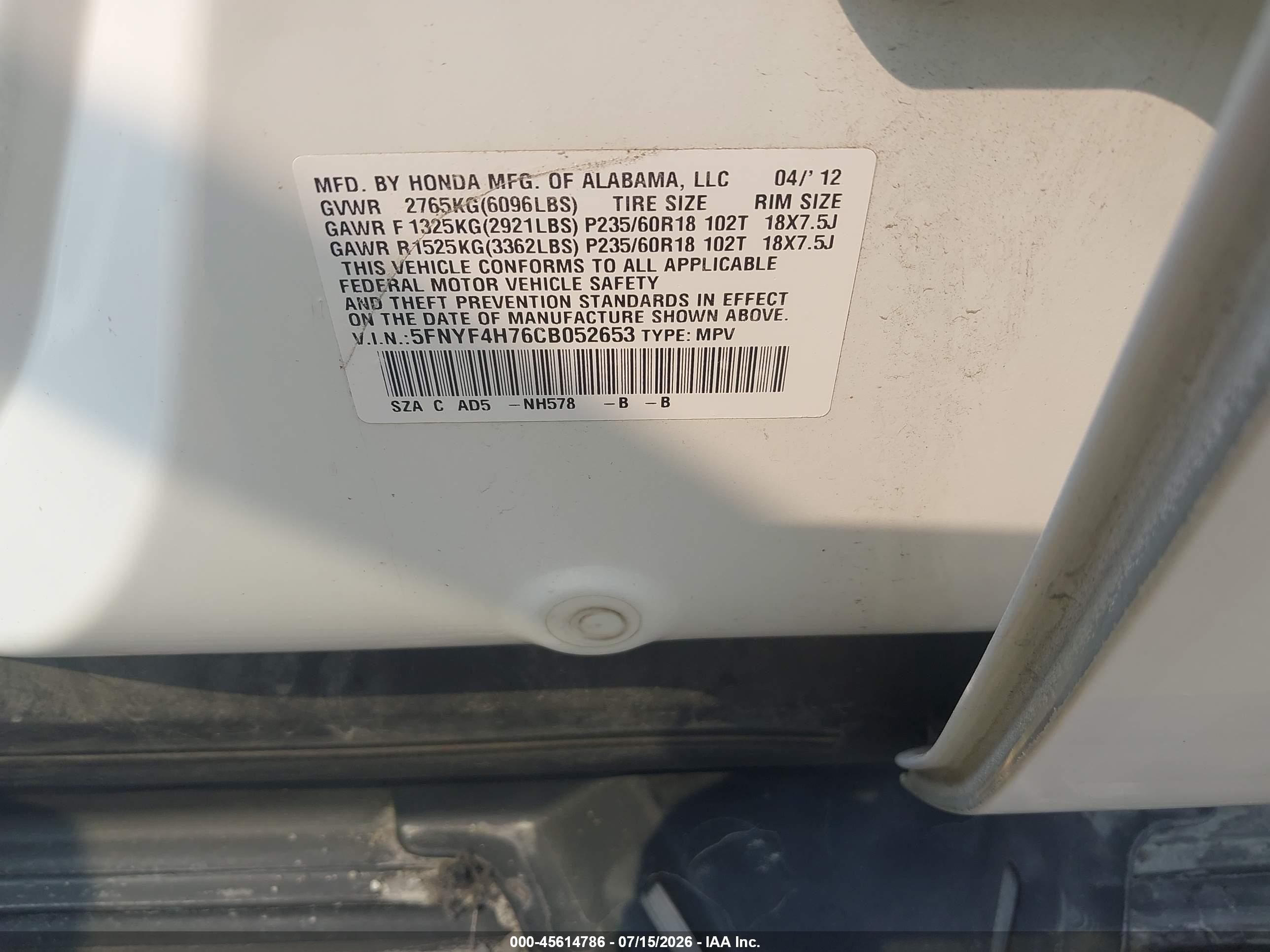 2012 Honda Pilot Ex-l White vin: 5FNYF4H76CB052653