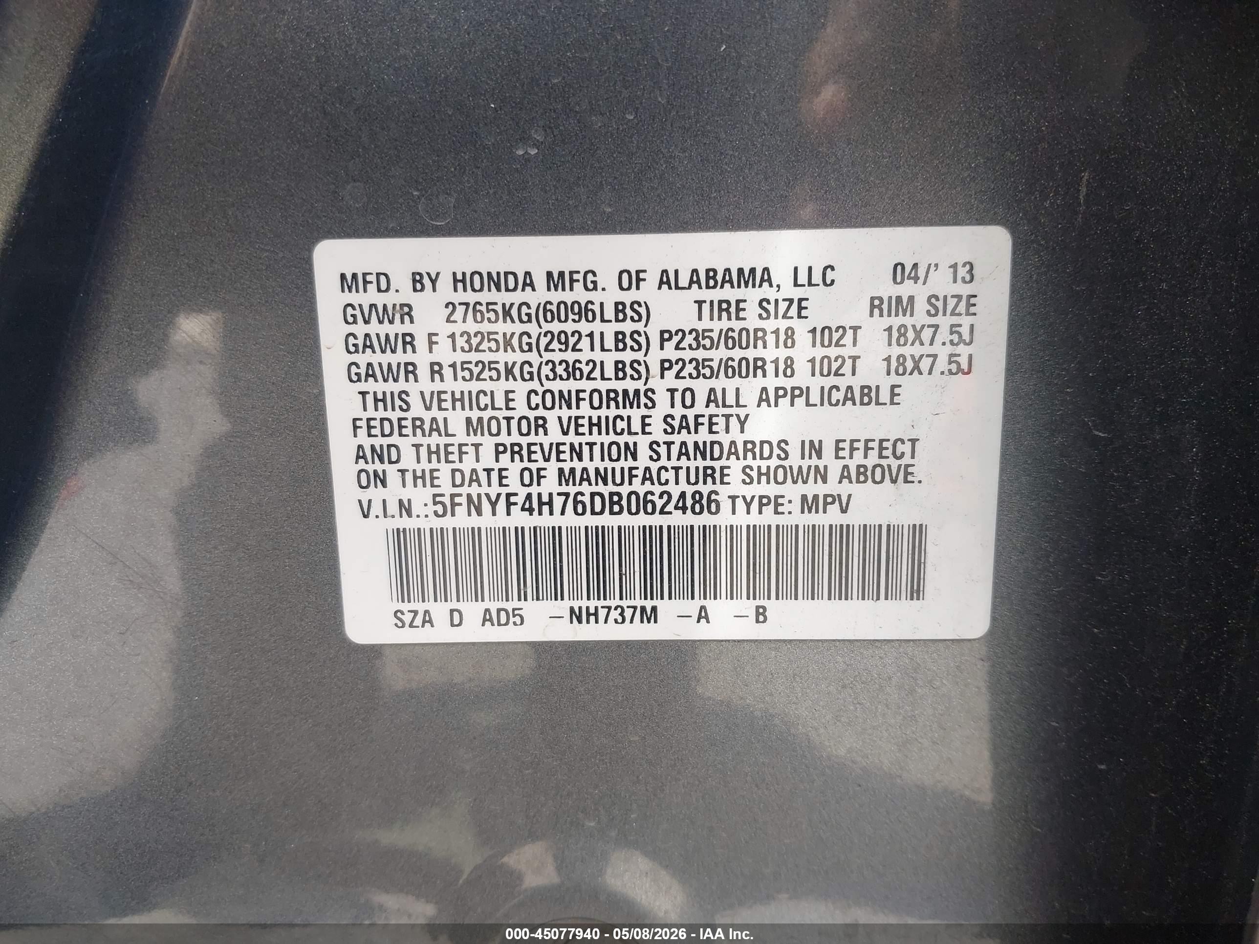 2013 Honda Pilot Ex-l Gray vin: 5FNYF4H76DB062486