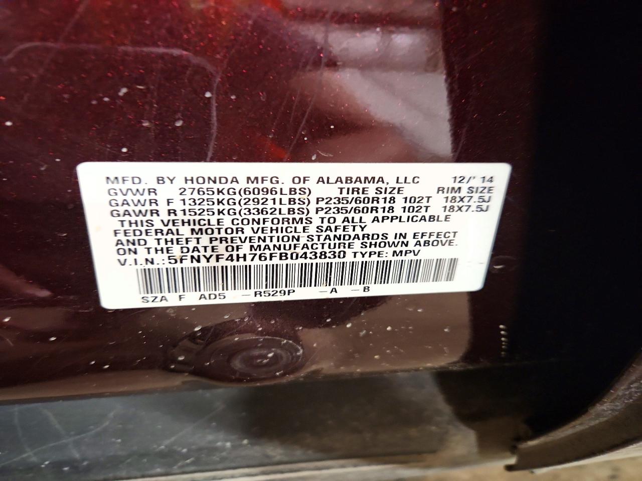 2015 Honda Pilot Exln Maroon vin: 5FNYF4H76FB043830
