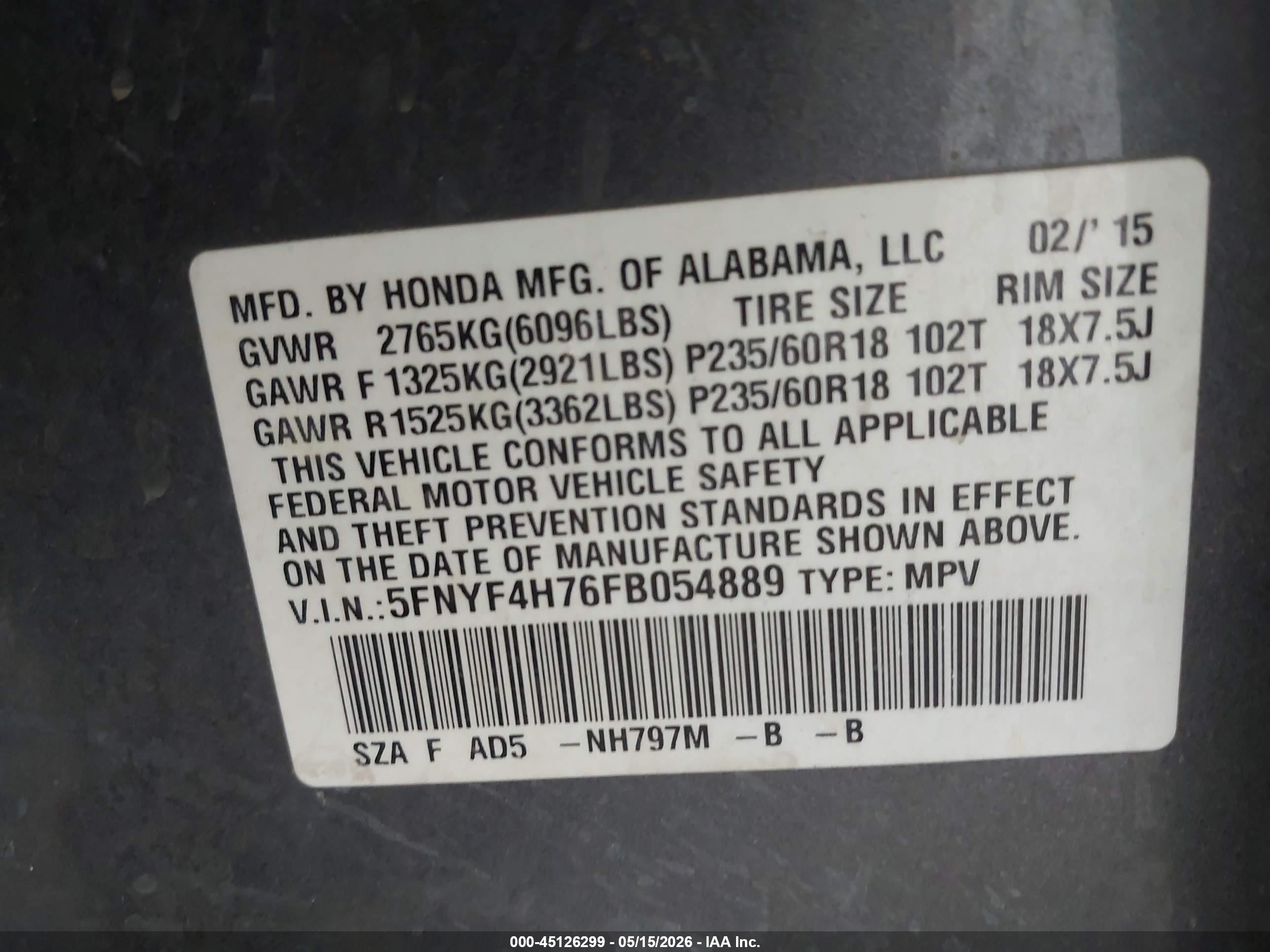 2015 Honda Pilot Ex-l Gray vin: 5FNYF4H76FB054889
