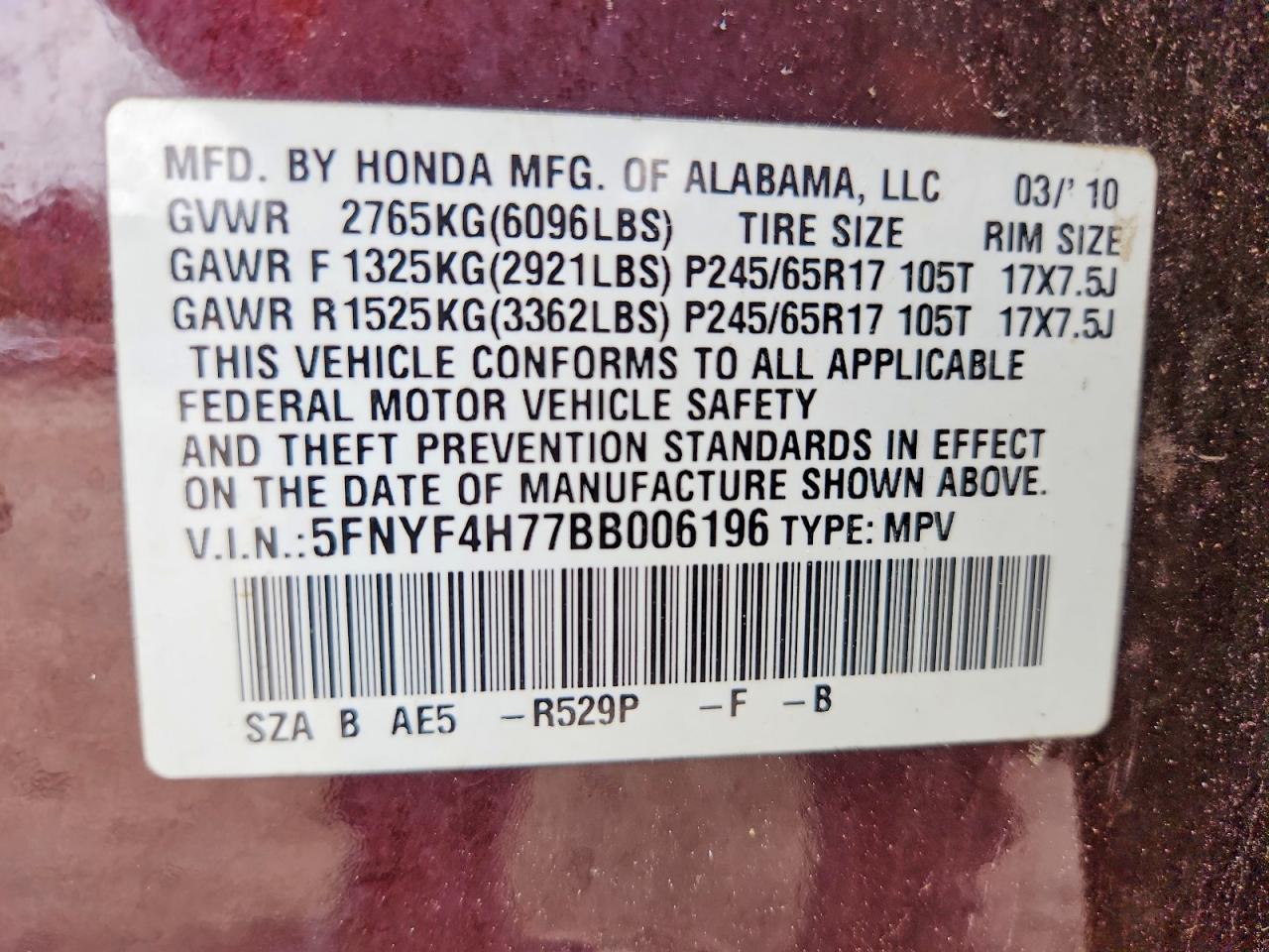 2011 Honda Pilot Exln Burgundy vin: 5FNYF4H77BB006196