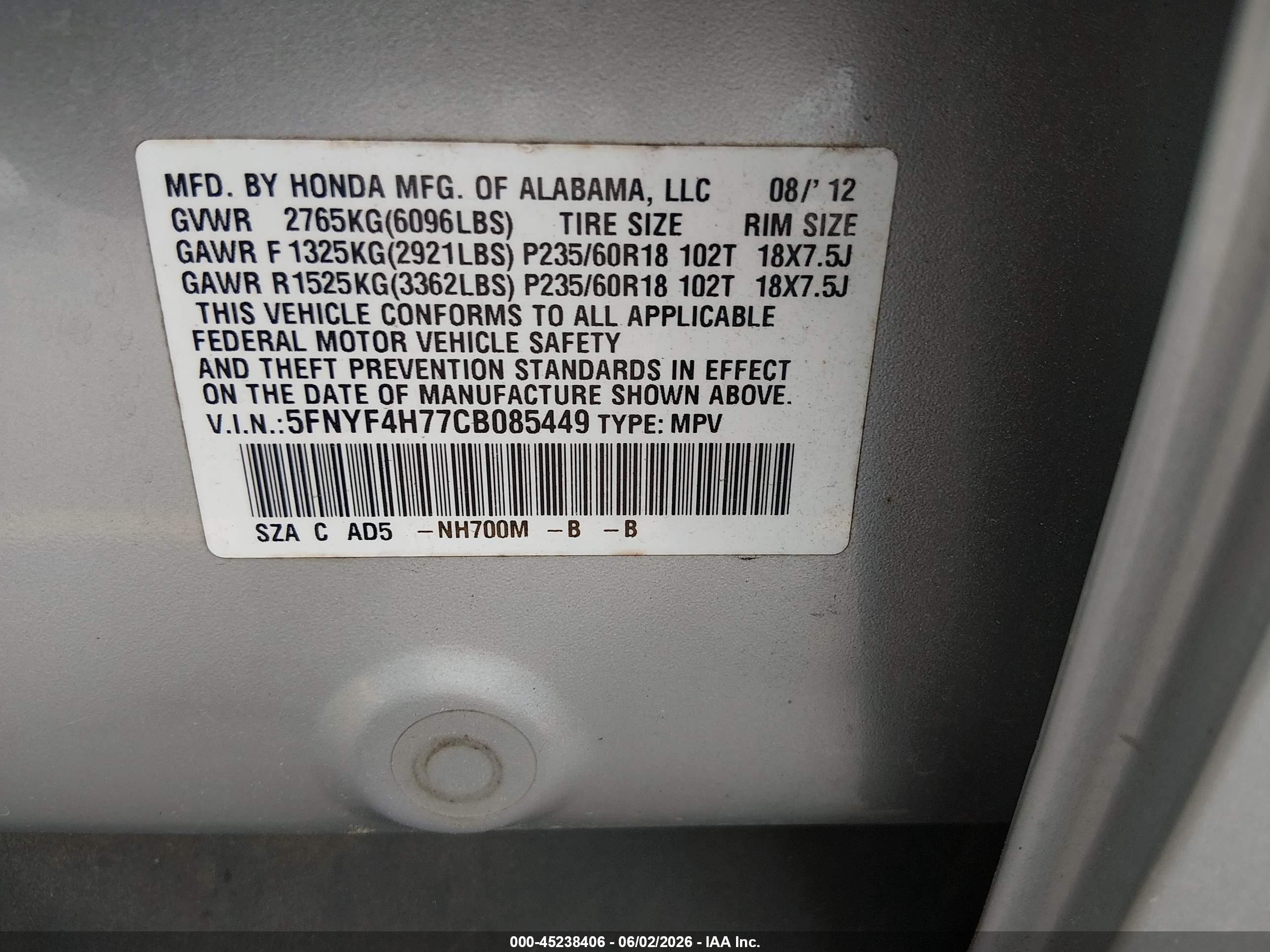 2012 Honda Pilot Ex-l Gray vin: 5FNYF4H77CB085449