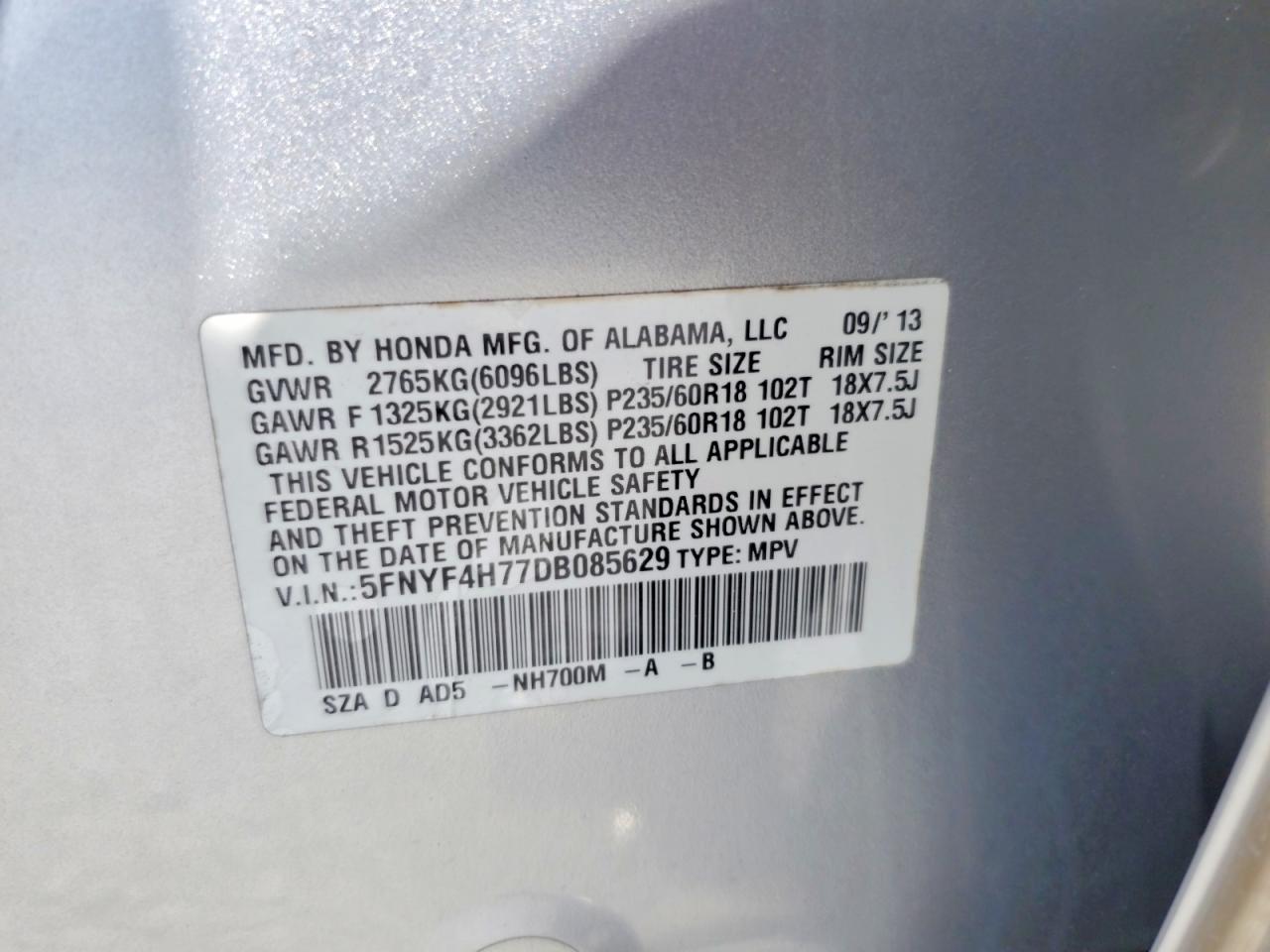 2013 Honda Pilot Exln Silver vin: 5FNYF4H77DB085629