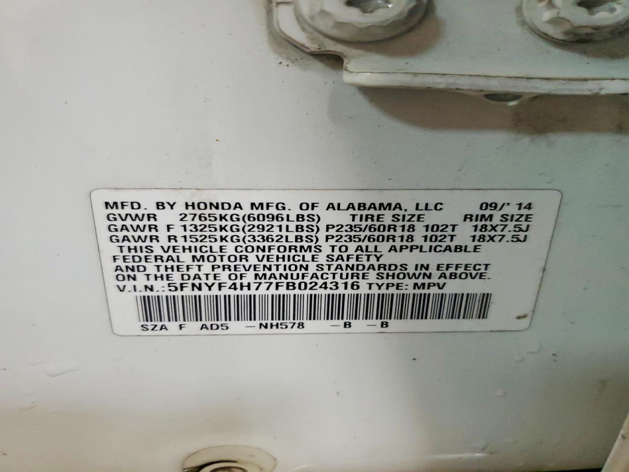 2015 Honda Pilot Exln Белый vin: 5FNYF4H77FB024316