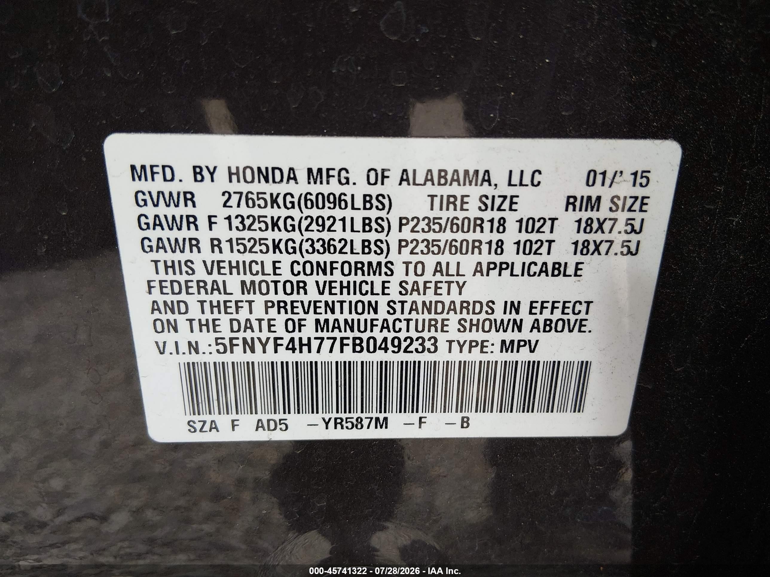 2015 Honda Pilot Ex-l Gray vin: 5FNYF4H77FB049233