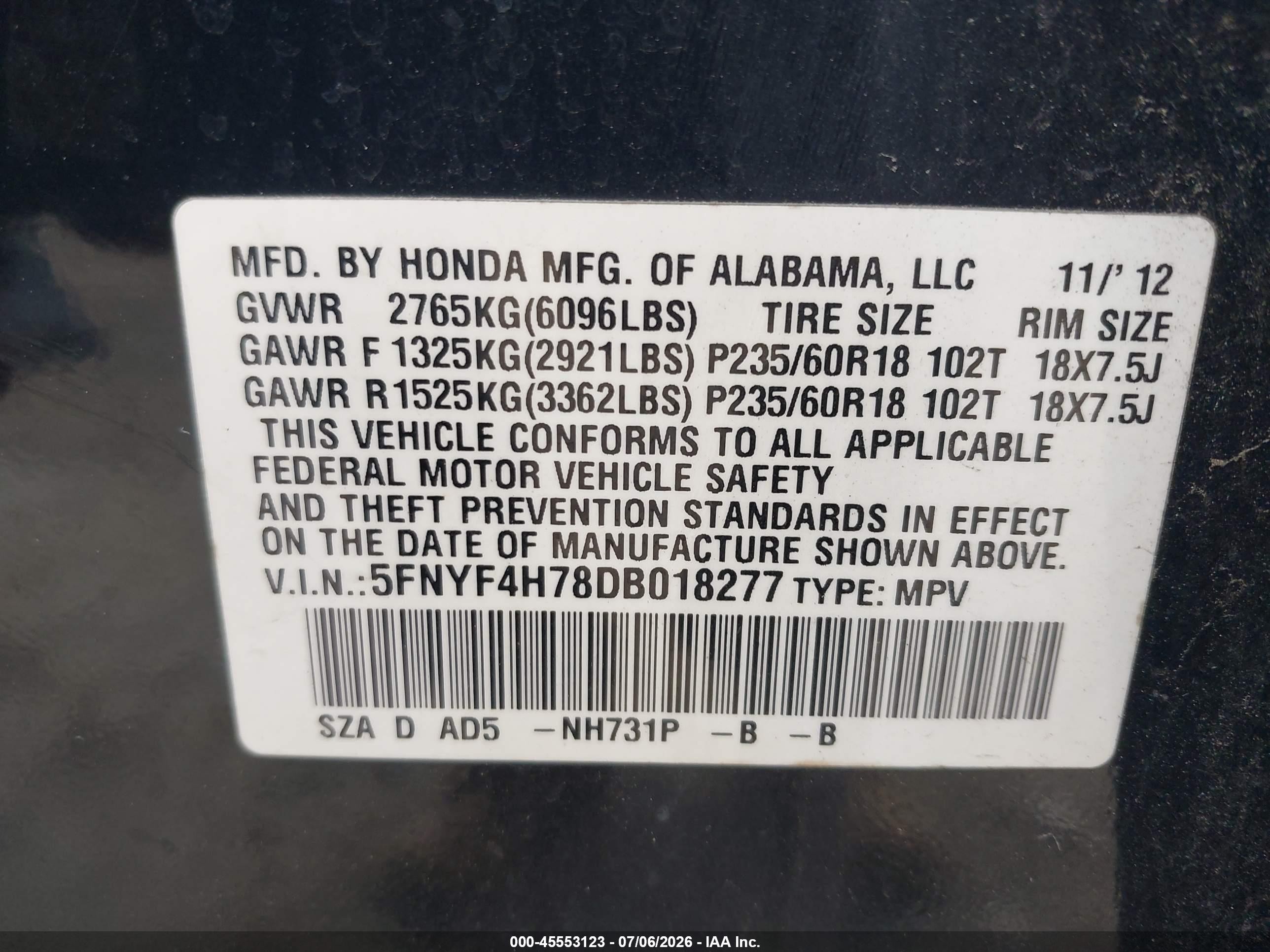 2013 Honda Pilot Ex-l Black vin: 5FNYF4H78DB018277