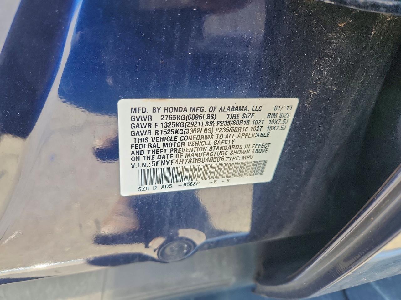 2013 Honda Pilot Exln Blue vin: 5FNYF4H78DB040506