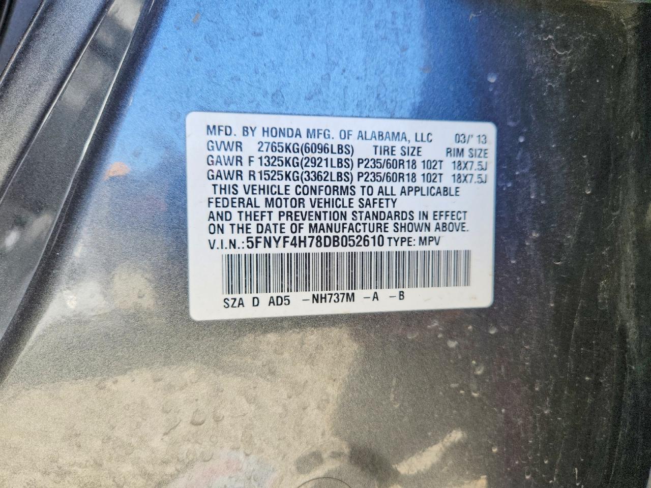 2013 Honda Pilot Exln Gray vin: 5FNYF4H78DB052610