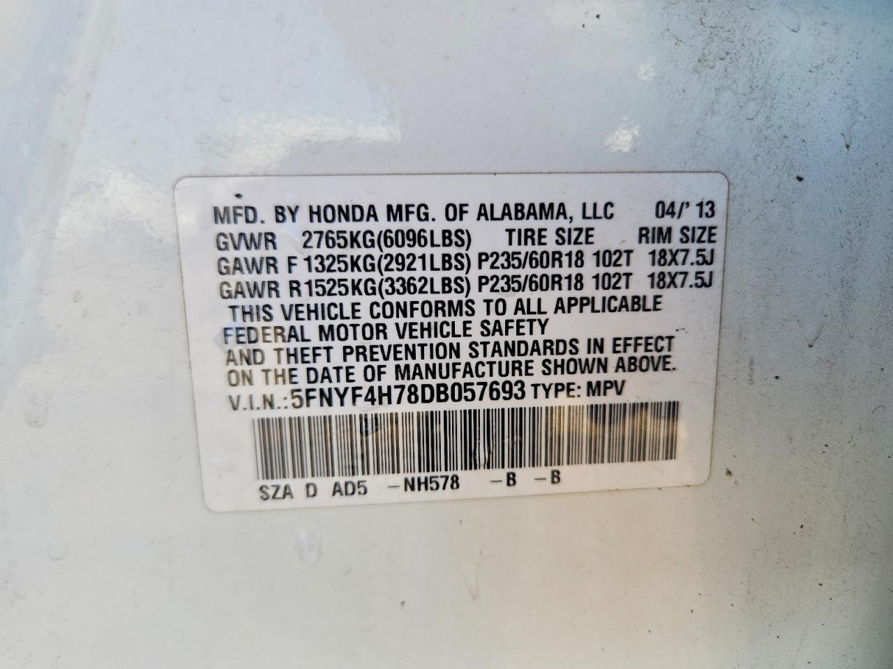 2013 Honda Pilot Exln White vin: 5FNYF4H78DB057693