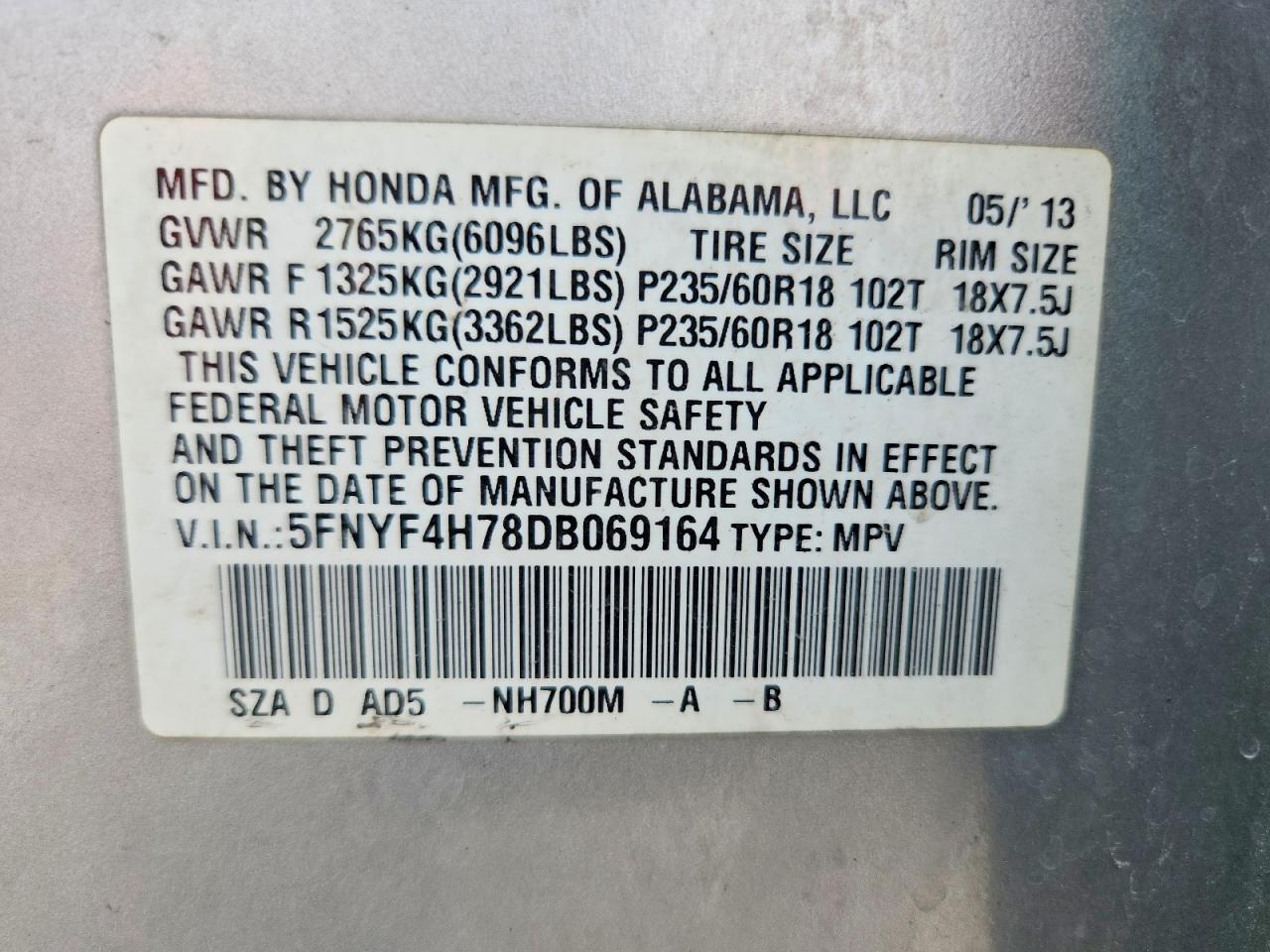 2013 Honda Pilot Exln Silver vin: 5FNYF4H78DB069164