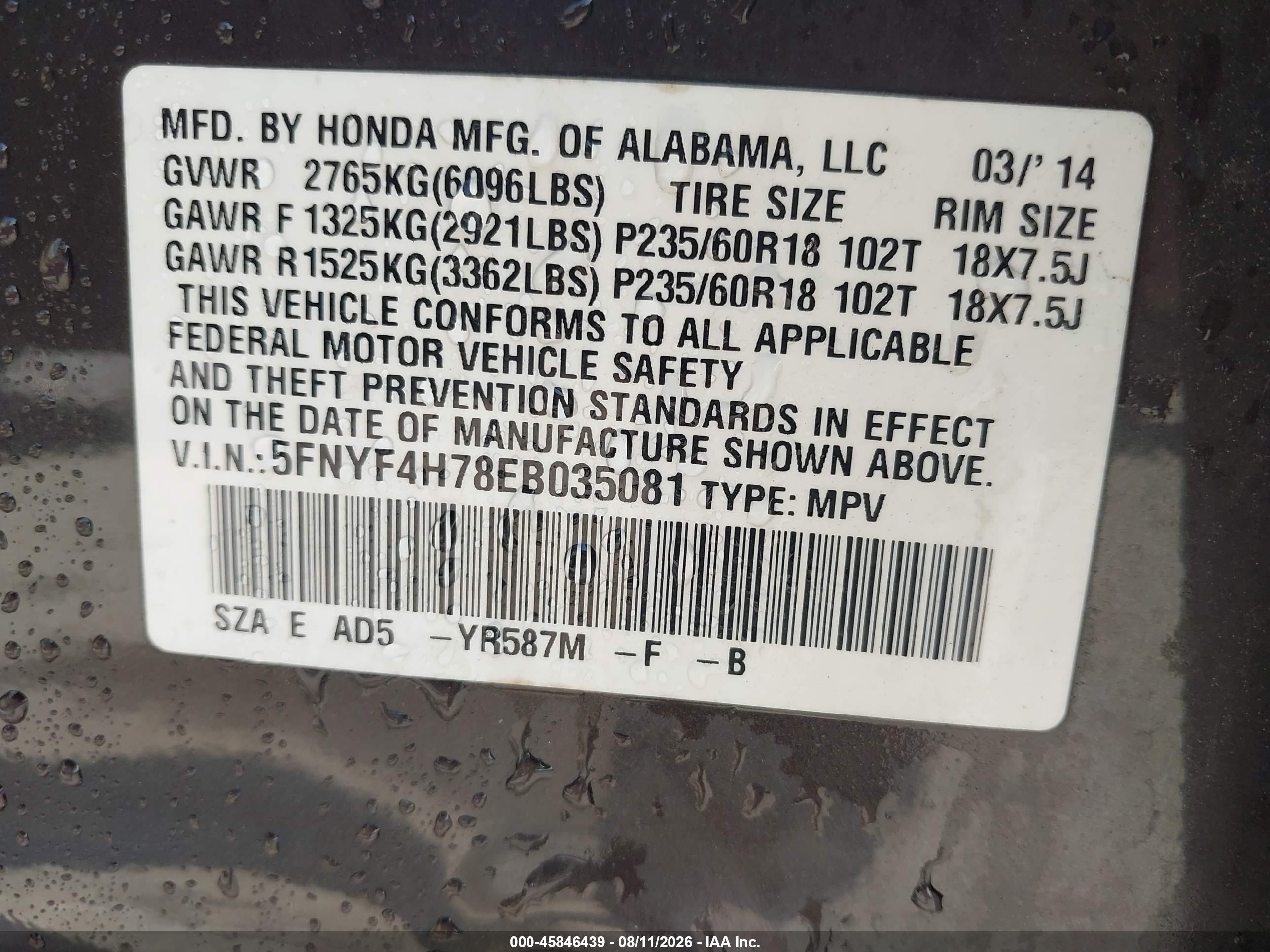 2014 Honda Pilot Ex-l Gray vin: 5FNYF4H78EB035081