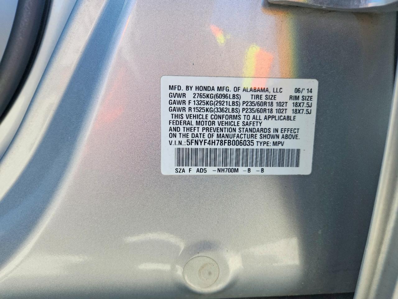2015 Honda Pilot Exln Silver vin: 5FNYF4H78FB006035