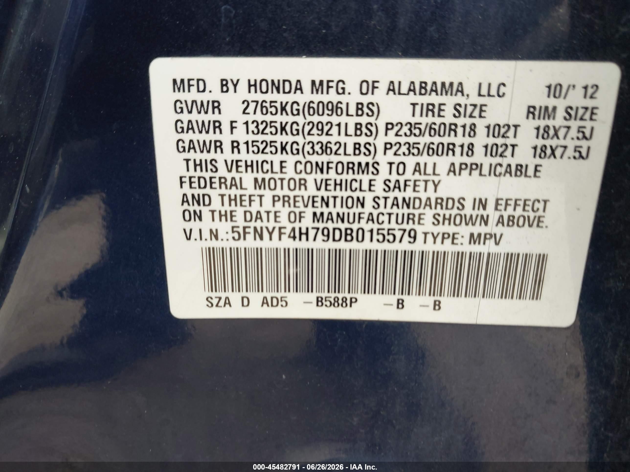 2013 Honda Pilot Ex-l Blue vin: 5FNYF4H79DB015579
