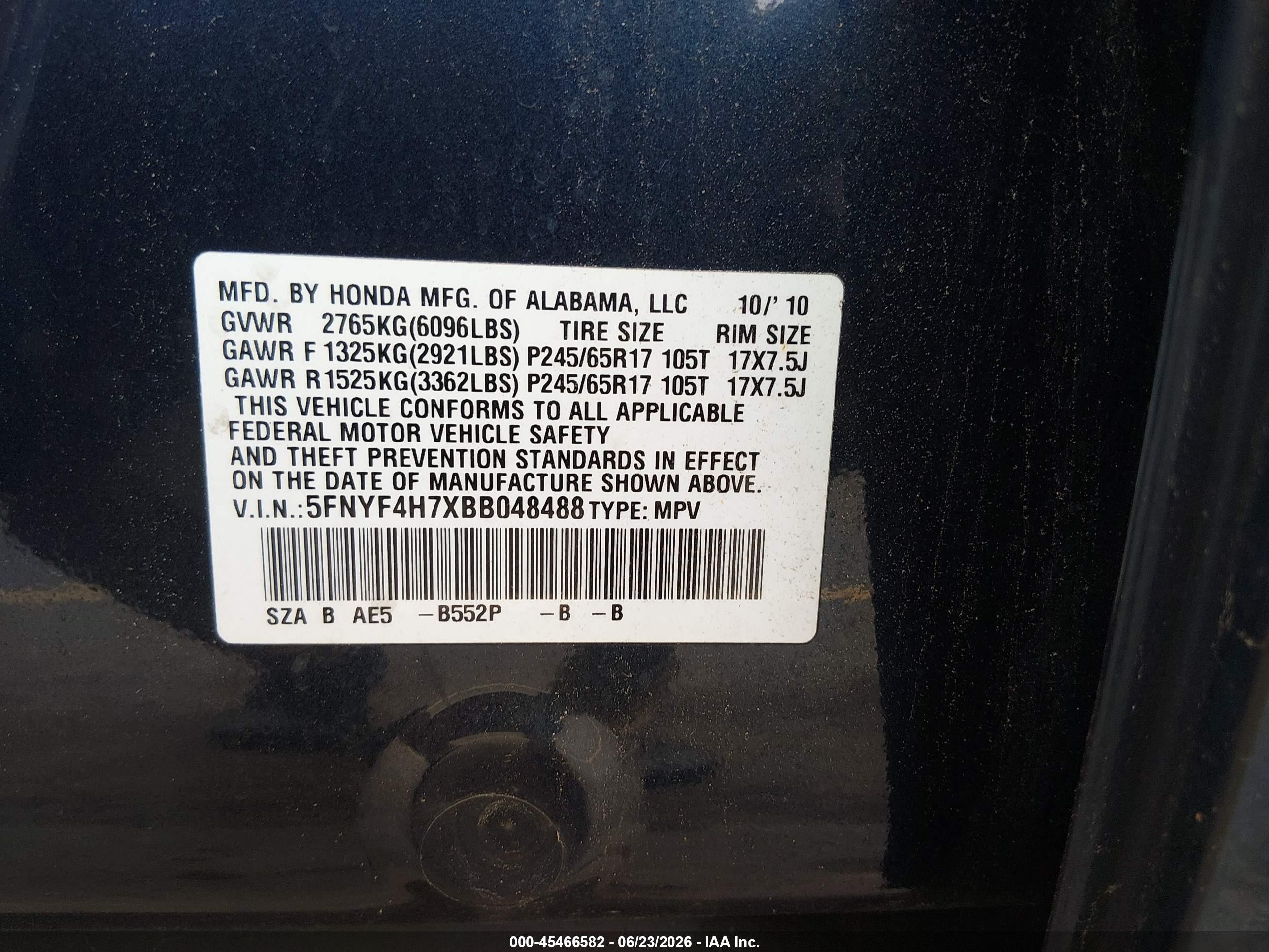 2011 Honda Pilot Ex-l Blue vin: 5FNYF4H7XBB048488
