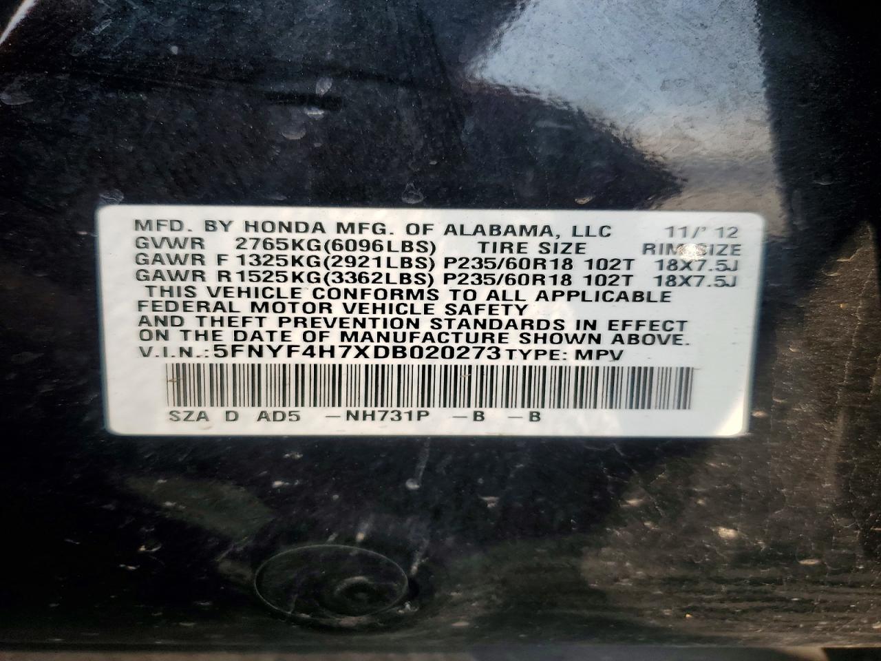 2013 Honda Pilot Exln Black vin: 5FNYF4H7XDB020273