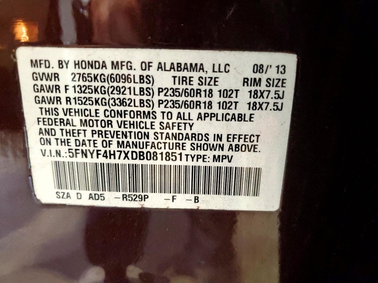 2013 Honda Pilot Exln Burgundy vin: 5FNYF4H7XDB081851