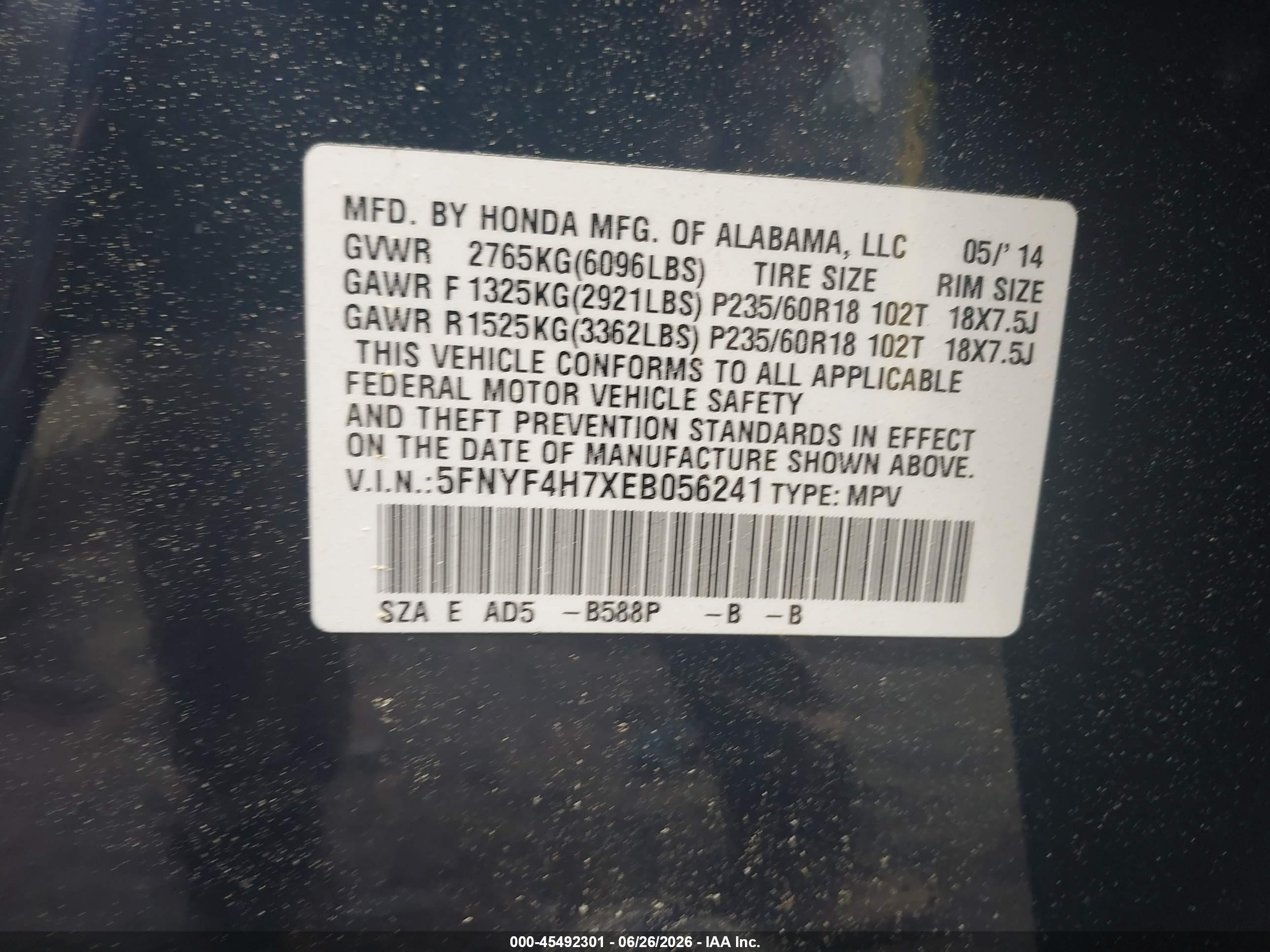 2014 Honda Pilot Ex-l Blue vin: 5FNYF4H7XEB056241