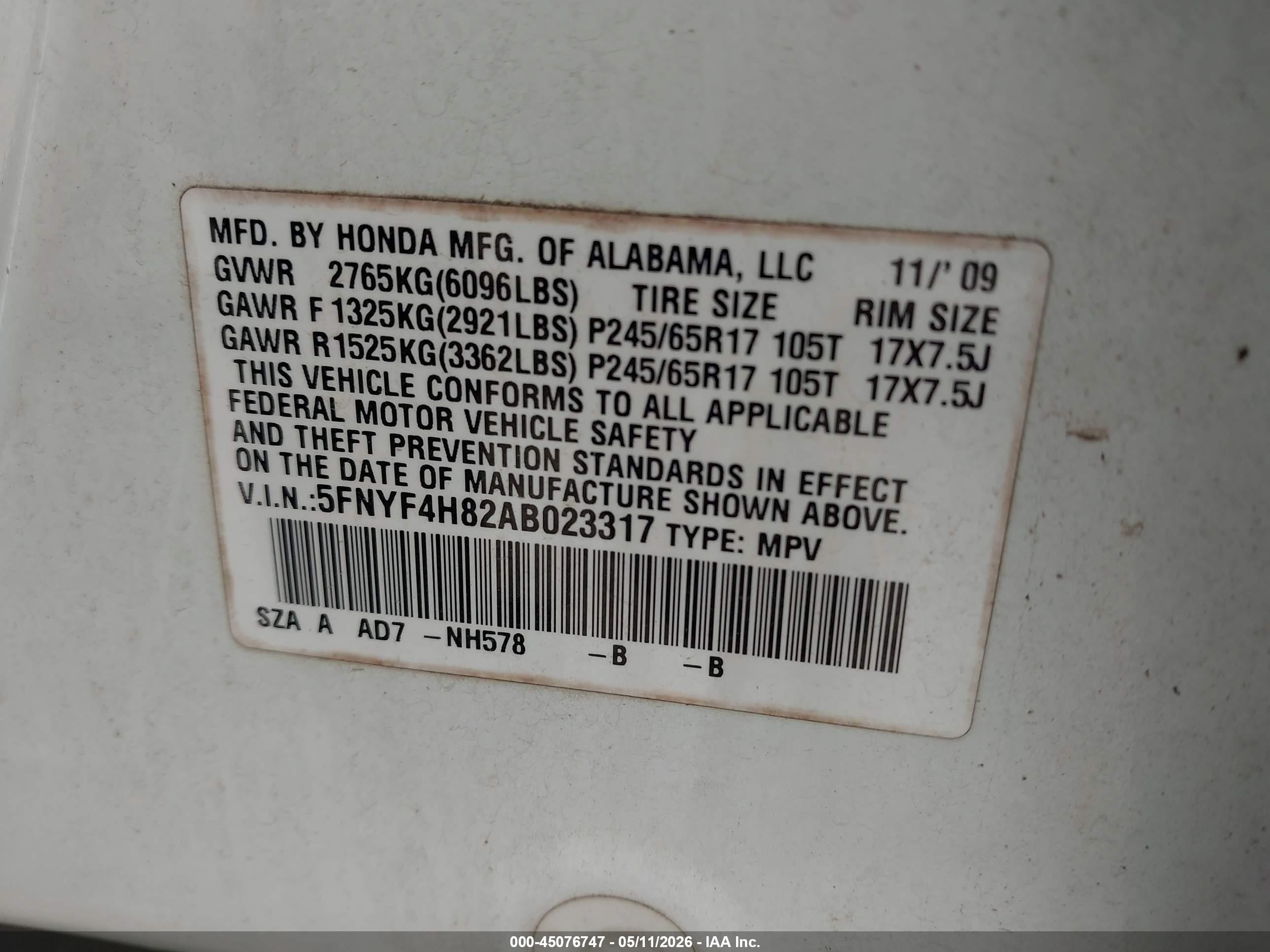 2010 Honda Pilot Touring White vin: 5FNYF4H82AB023317