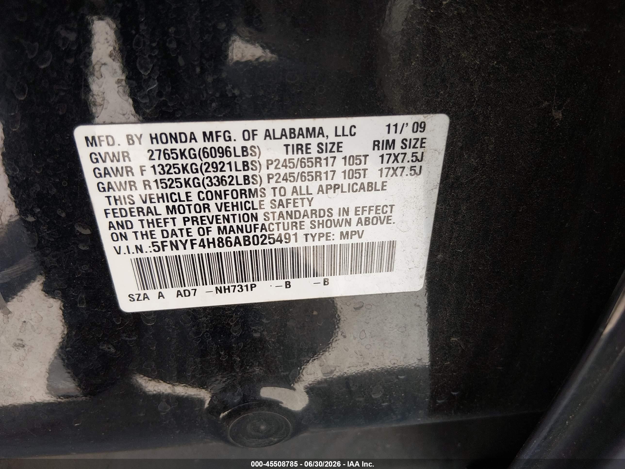 2010 Honda Pilot Touring Black vin: 5FNYF4H86AB025491