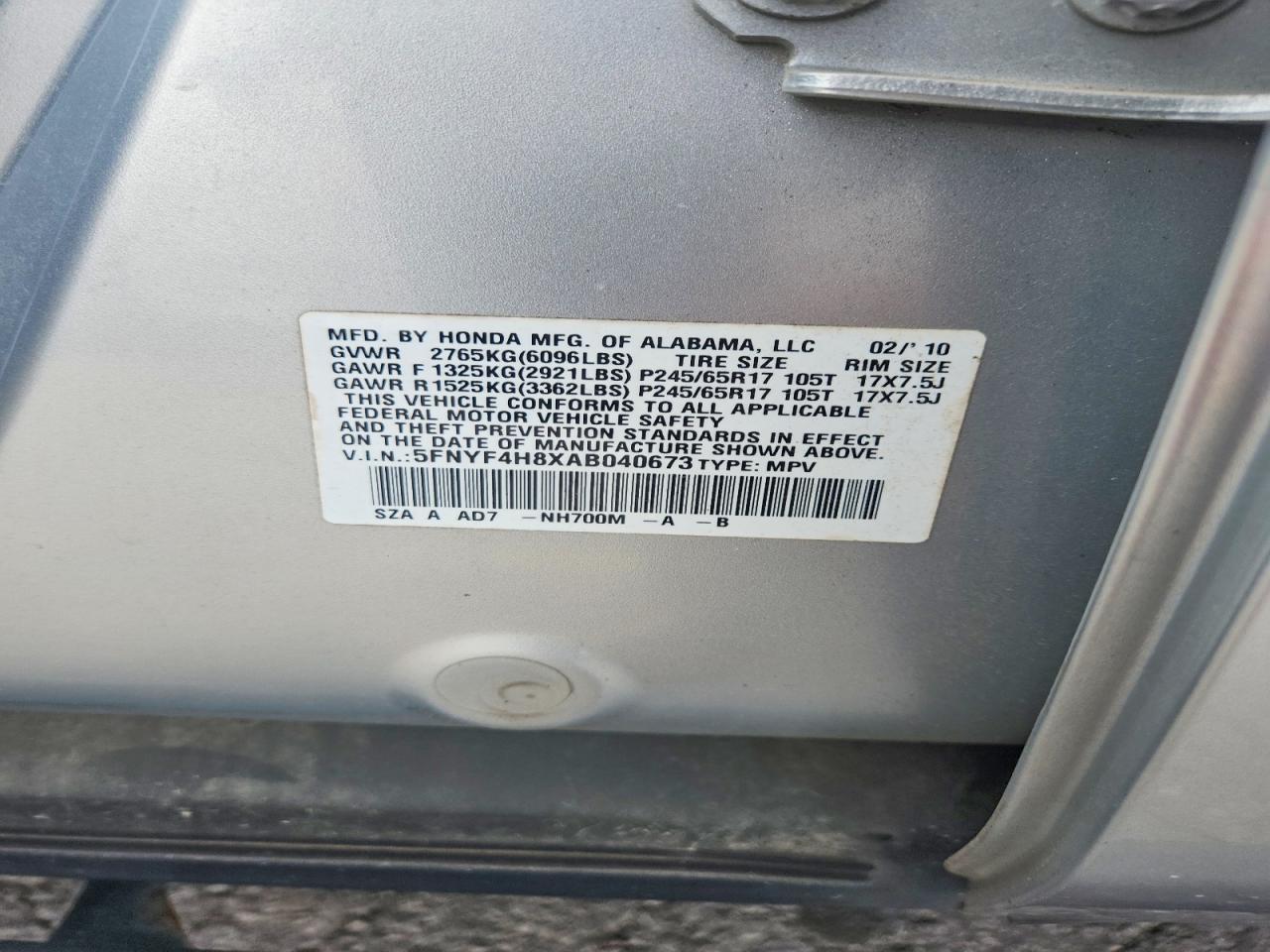 2010 Honda Pilot Touring Silver vin: 5FNYF4H8XAB040673