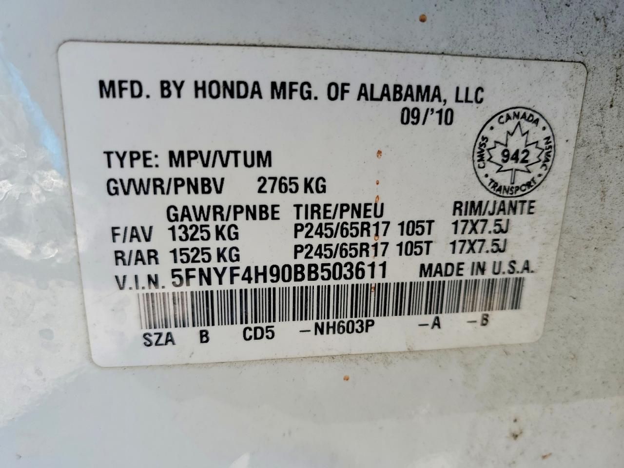 2011 Honda Pilot Touring White vin: 5FNYF4H90BB503611