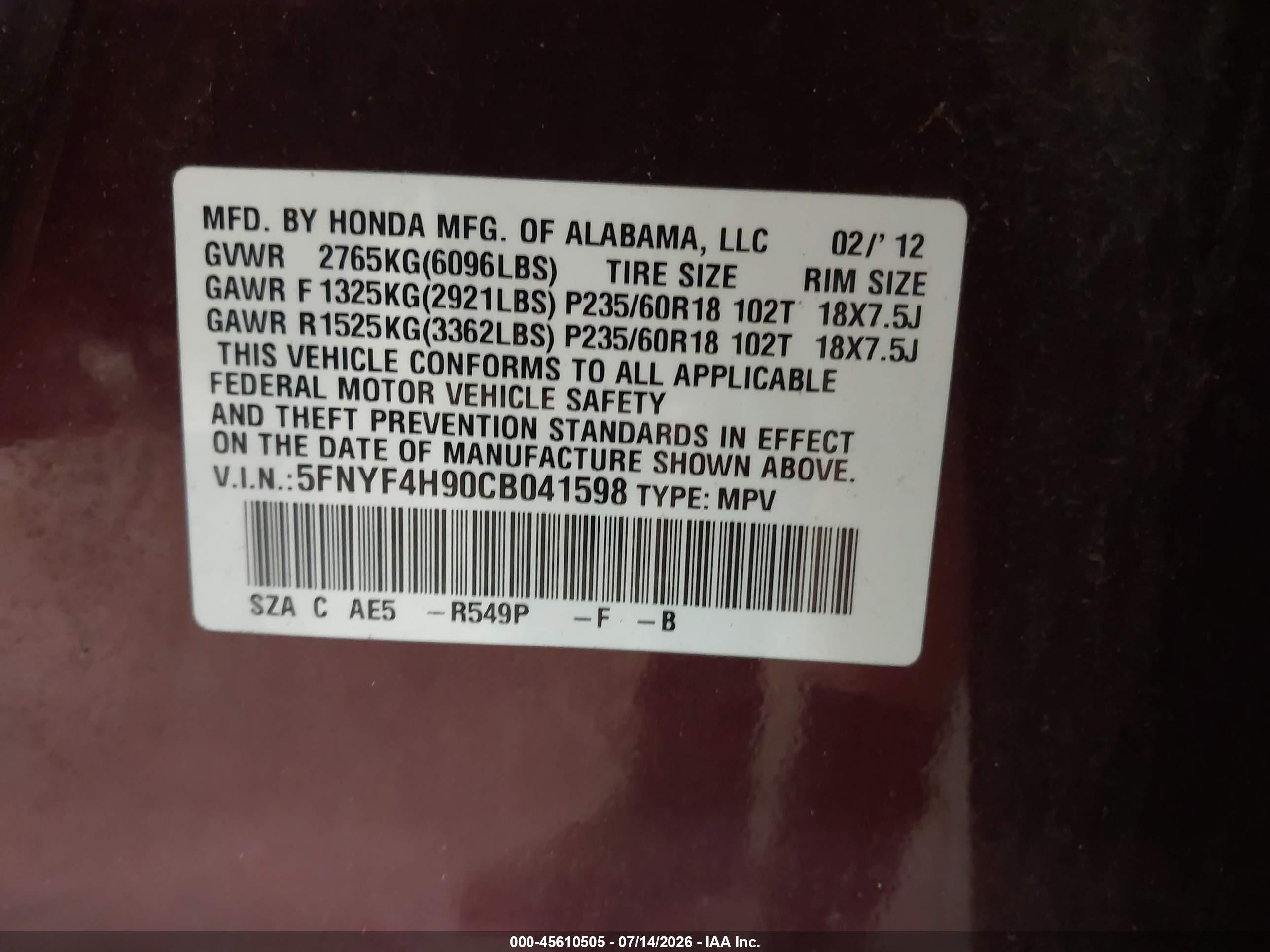 2012 Honda Pilot Touring Maroon vin: 5FNYF4H90CB041598