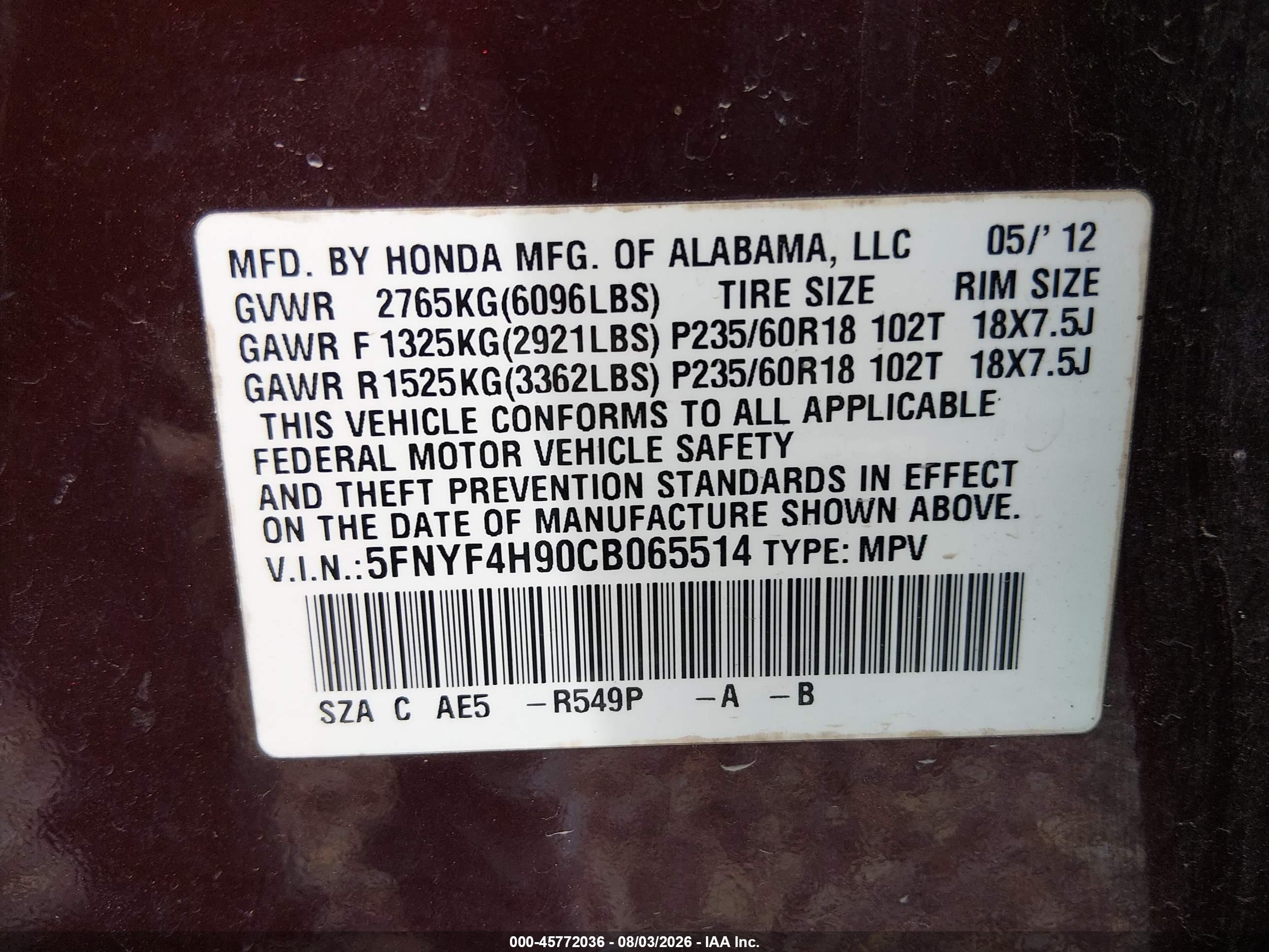 2012 Honda Pilot Touring Burgundy vin: 5FNYF4H90CB065514