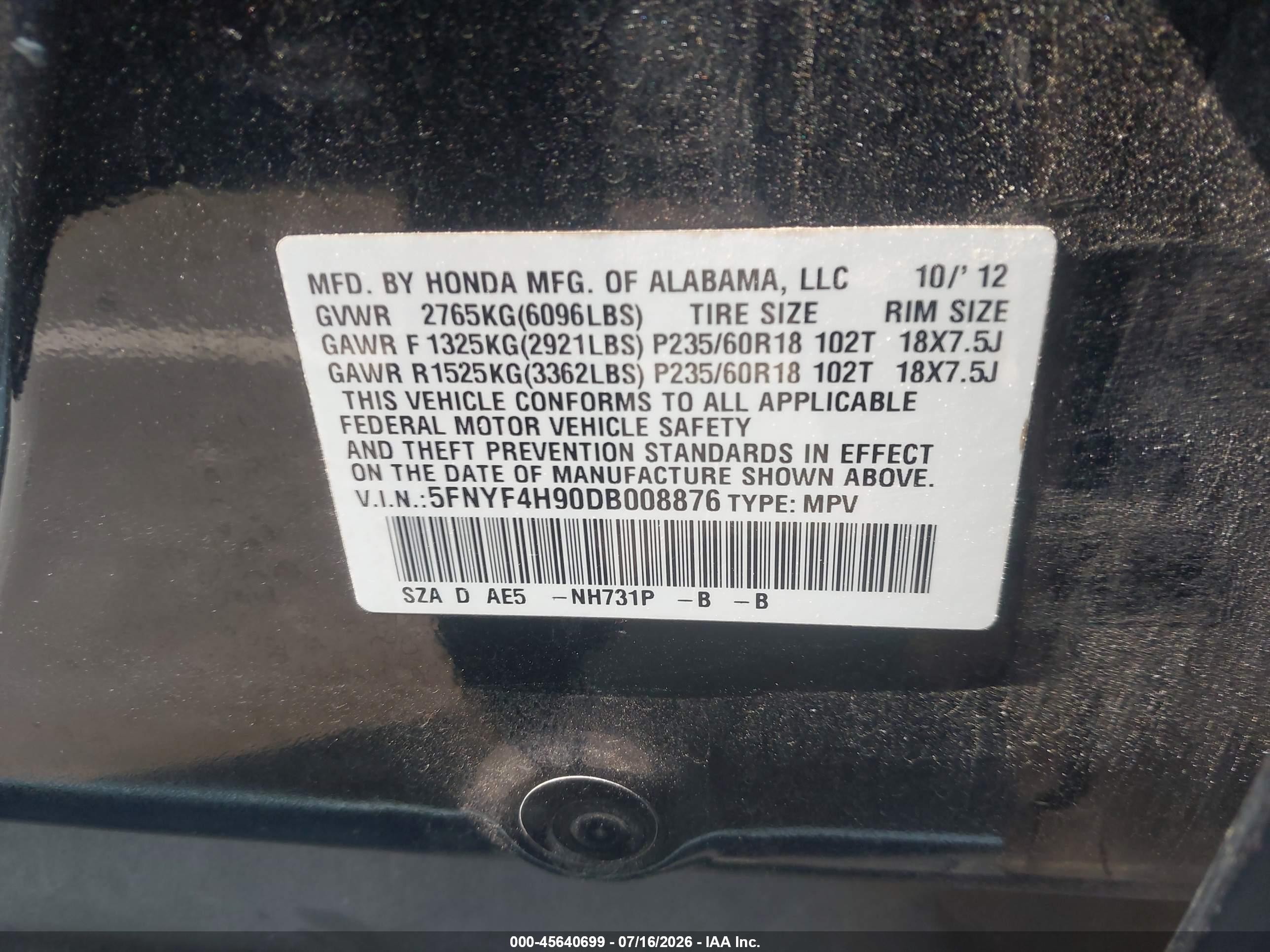 2013 Honda Pilot Touring Black vin: 5FNYF4H90DB008876