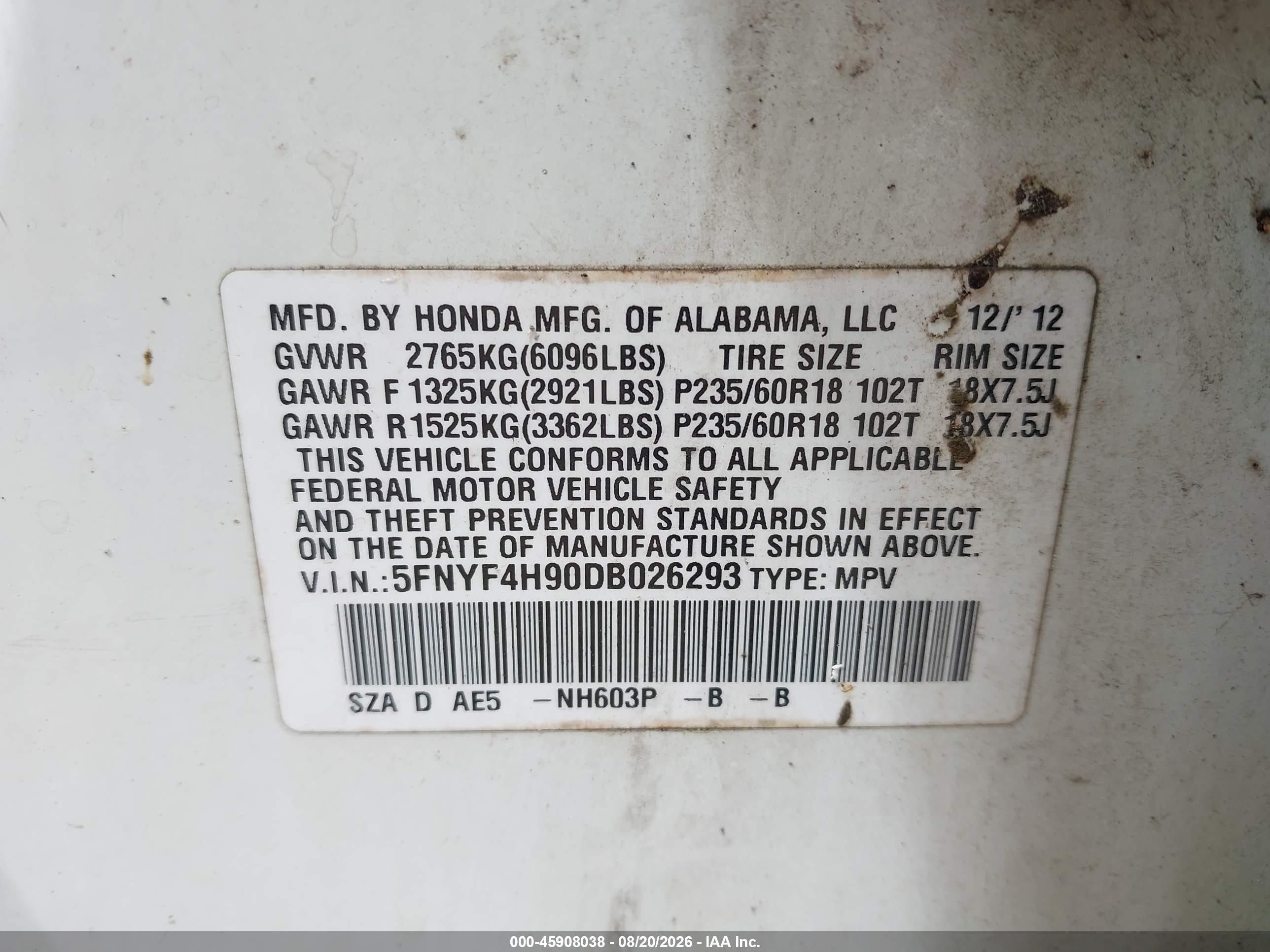 2013 Honda Pilot Touring White vin: 5FNYF4H90DB026293
