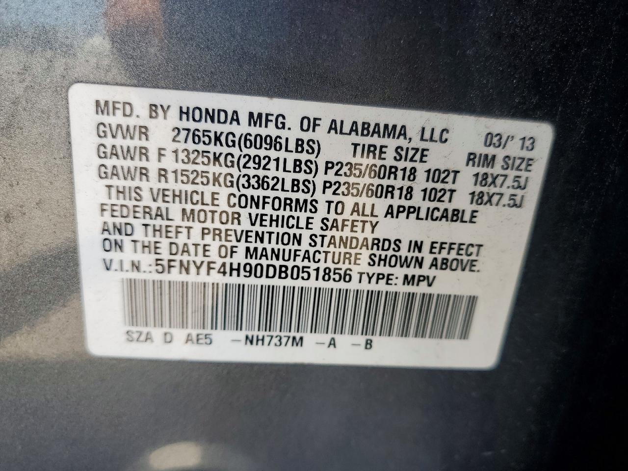 2013 Honda Pilot Touring Gray vin: 5FNYF4H90DB051856