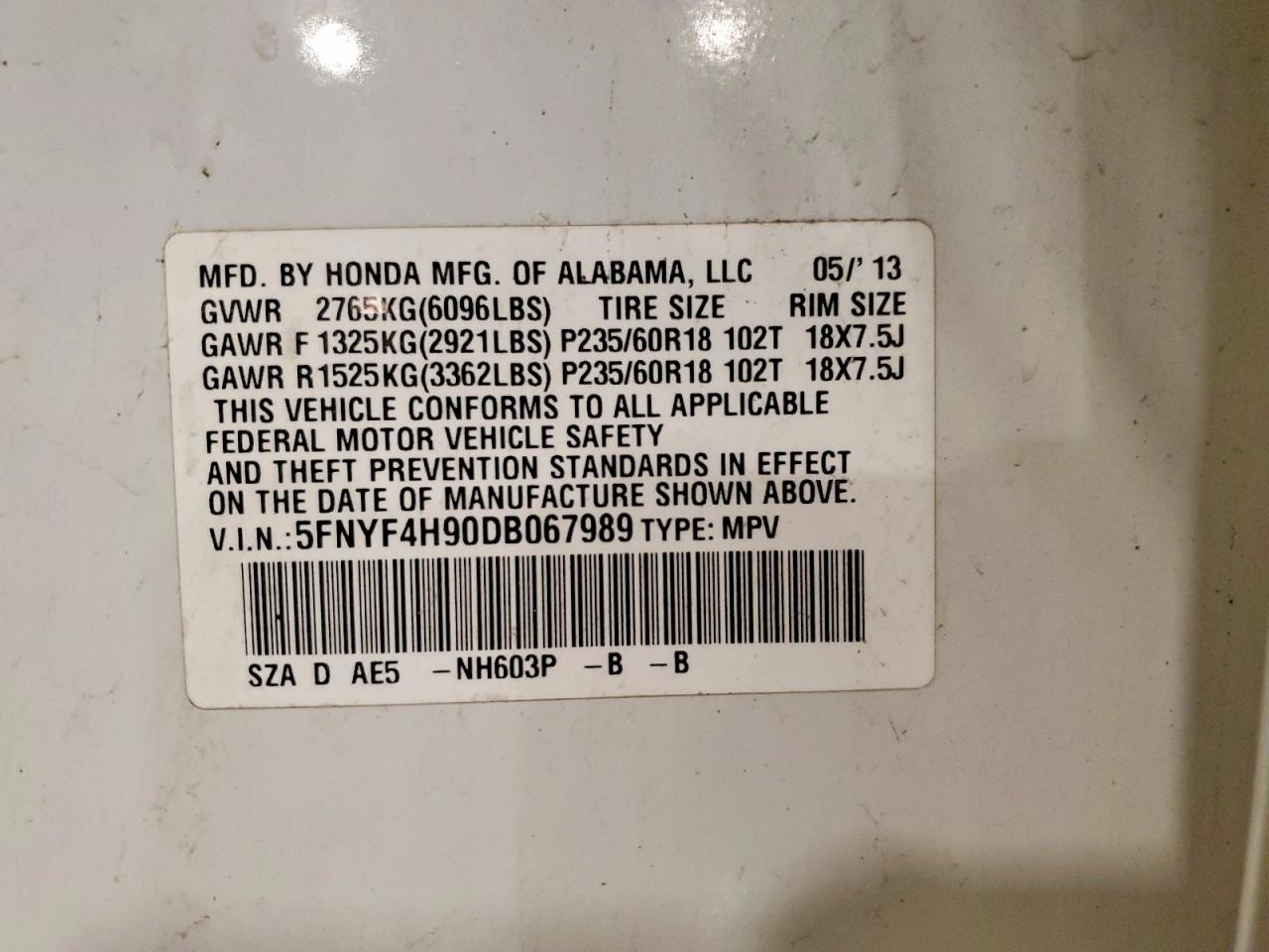 2013 Honda Pilot Touring White vin: 5FNYF4H90DB067989