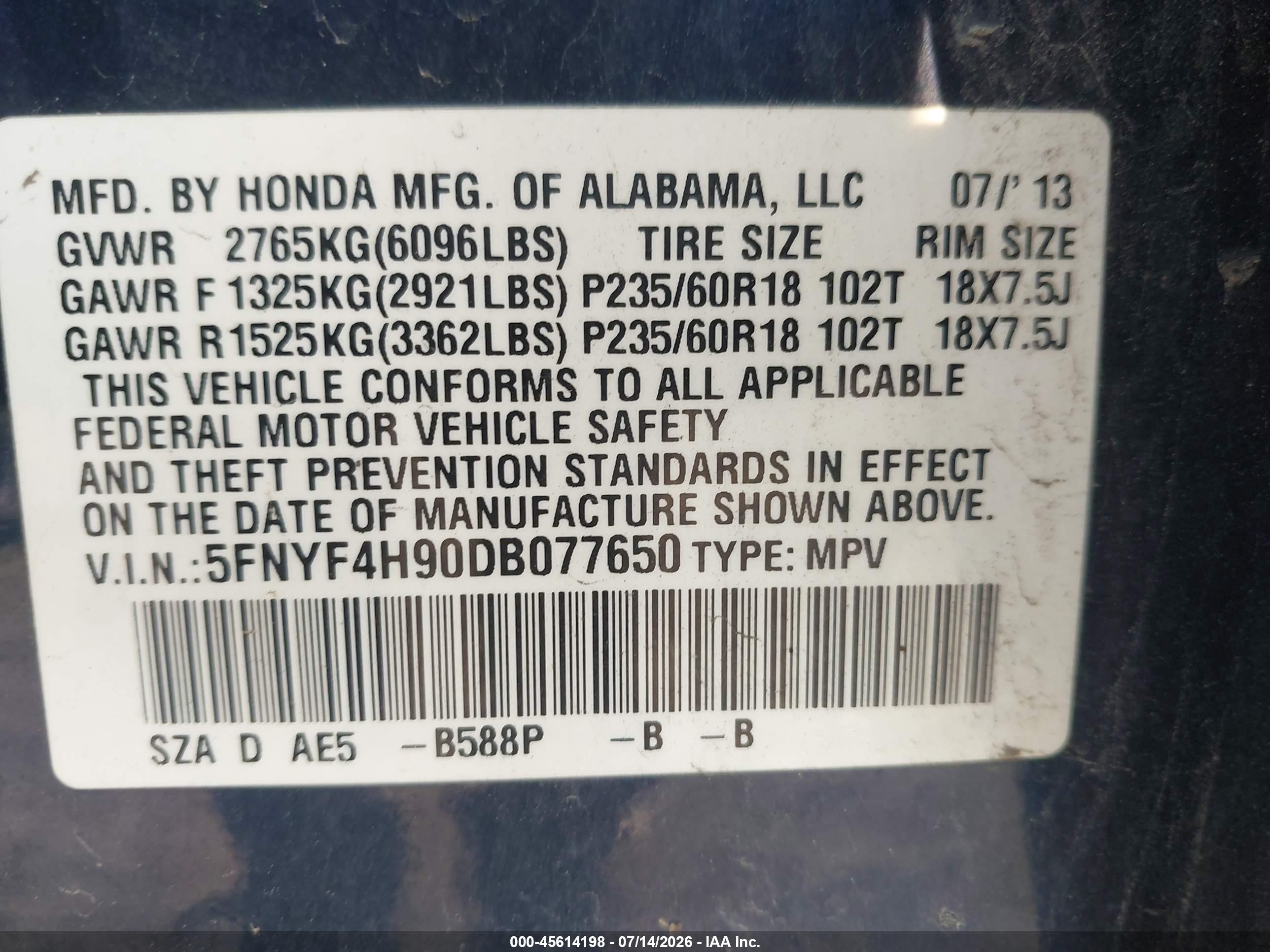 2013 Honda Pilot Touring Blue vin: 5FNYF4H90DB077650