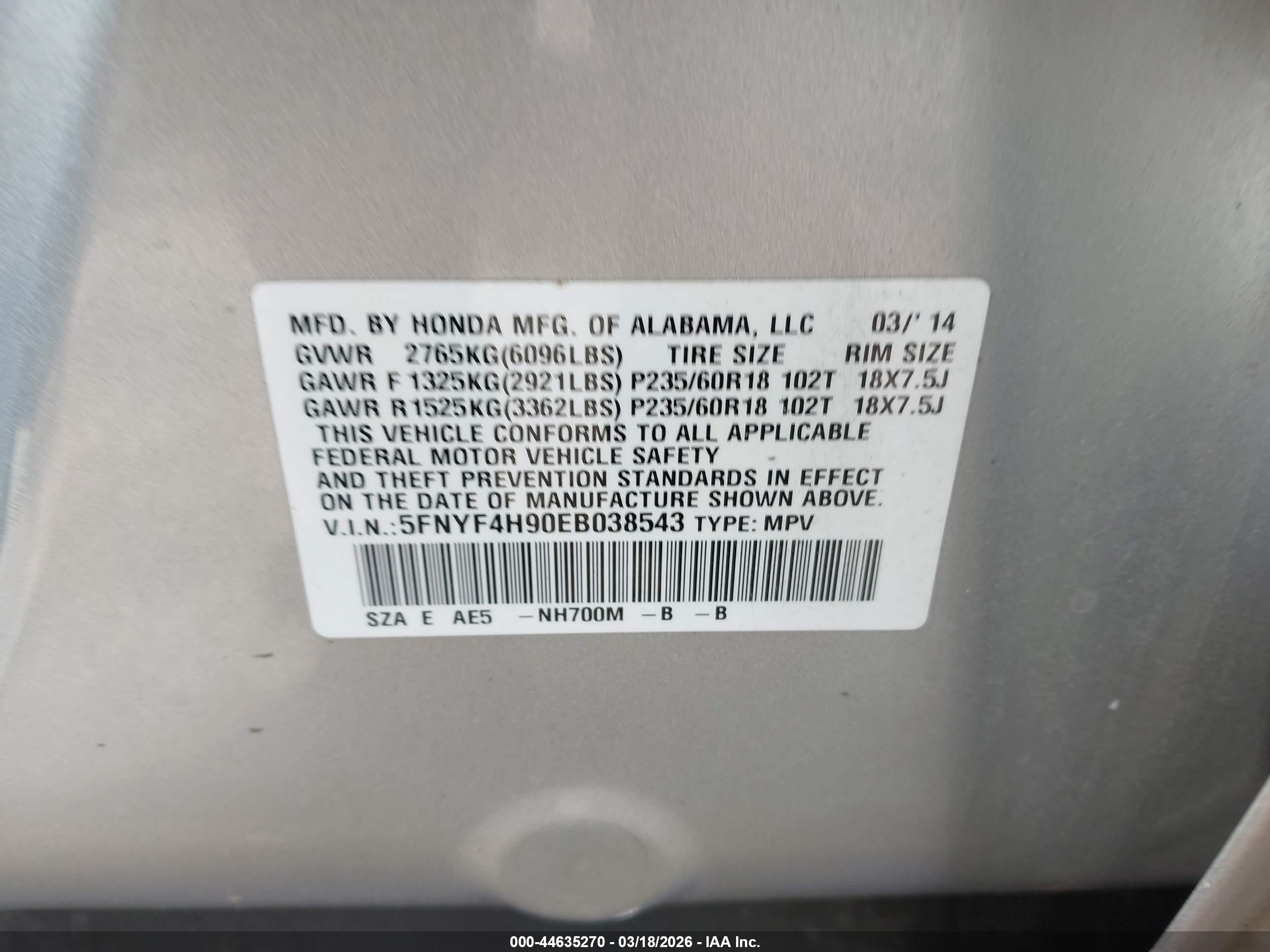 2014 Honda Pilot Touring Silver vin: 5FNYF4H90EB038543