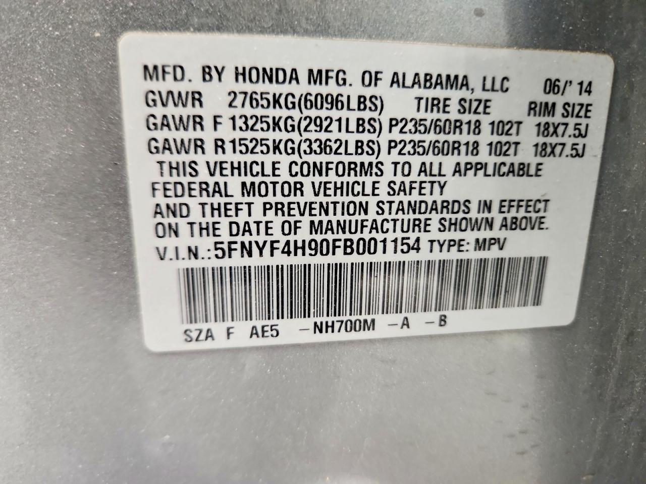 2015 Honda Pilot Touring Silver vin: 5FNYF4H90FB001154