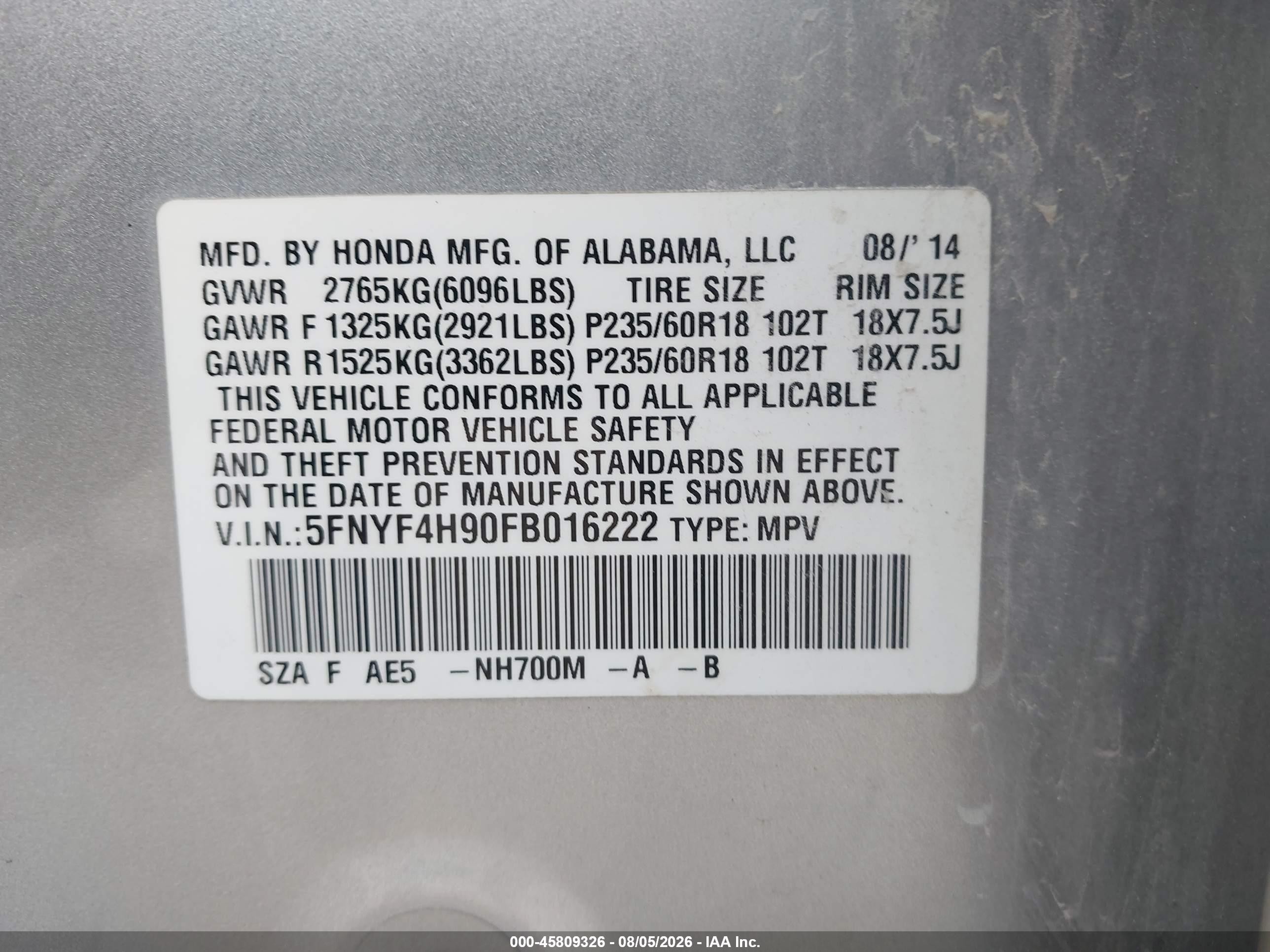2015 Honda Pilot Touring Серебряный vin: 5FNYF4H90FB016222