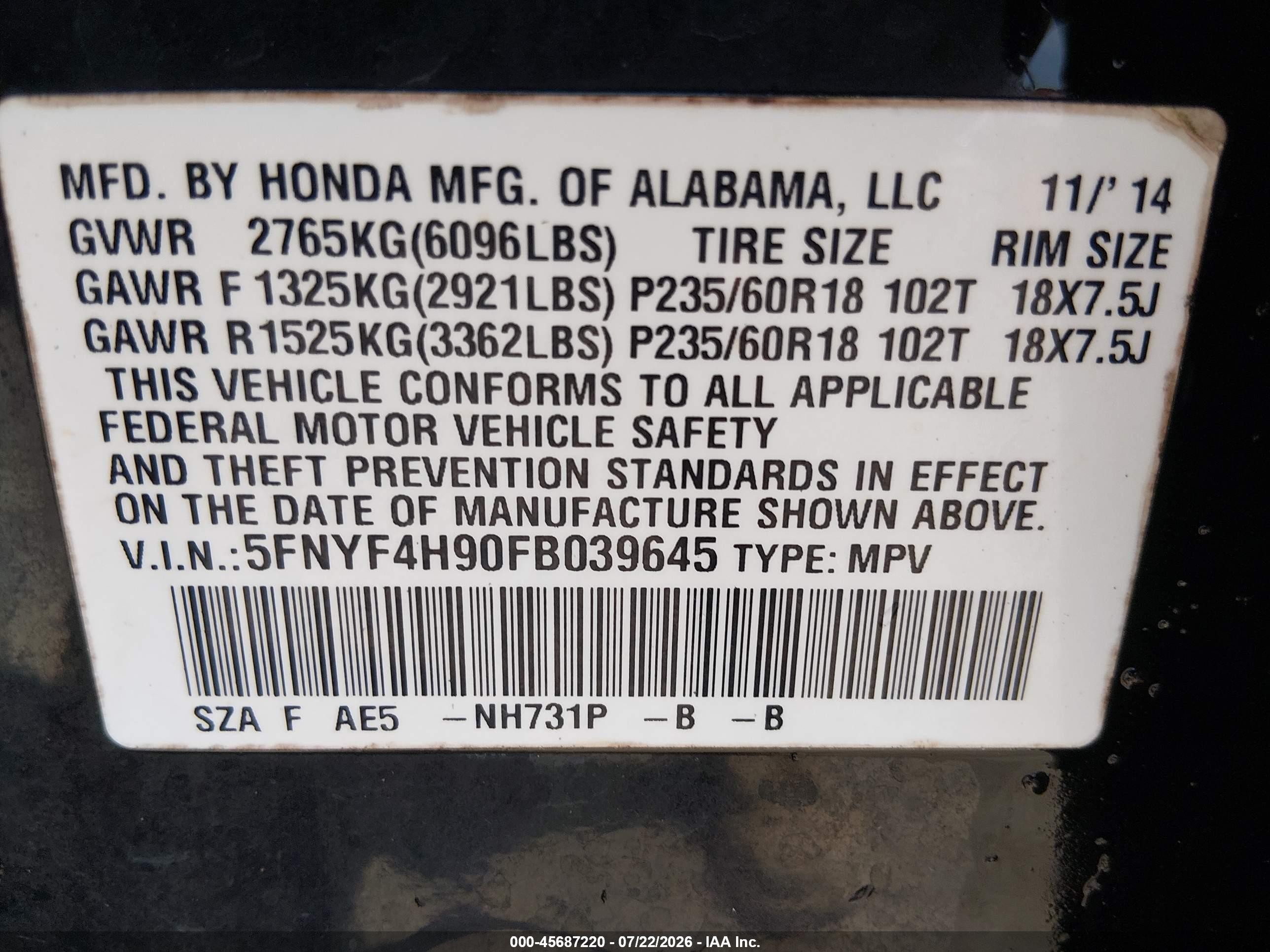 2015 Honda Pilot Touring Black vin: 5FNYF4H90FB039645