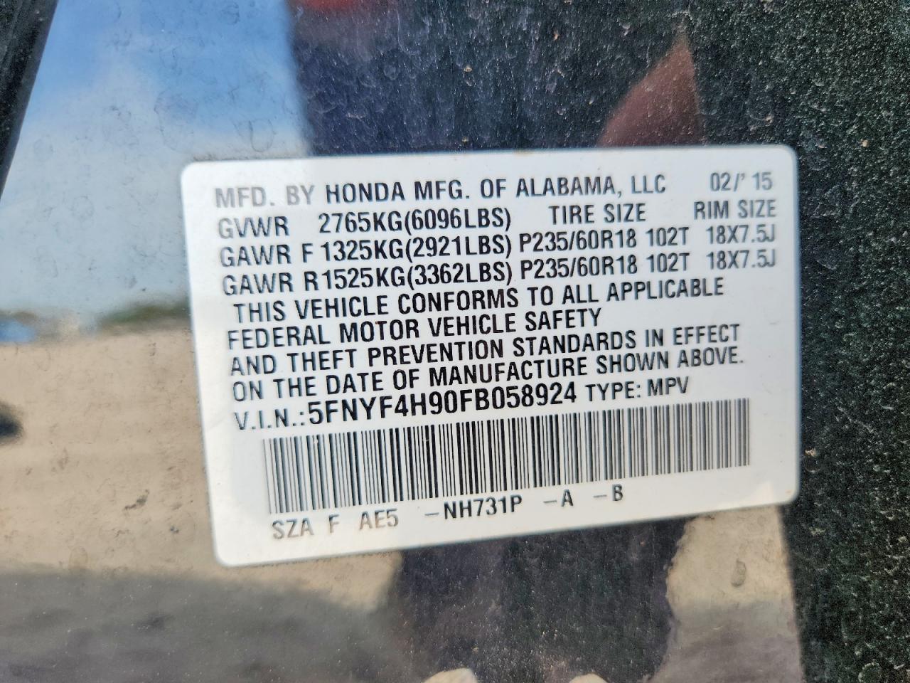 2015 Honda Pilot Touring Black vin: 5FNYF4H90FB058924