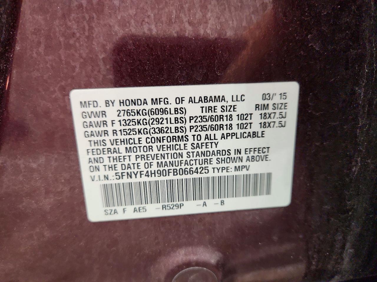 2015 Honda Pilot Touring Red vin: 5FNYF4H90FB066425