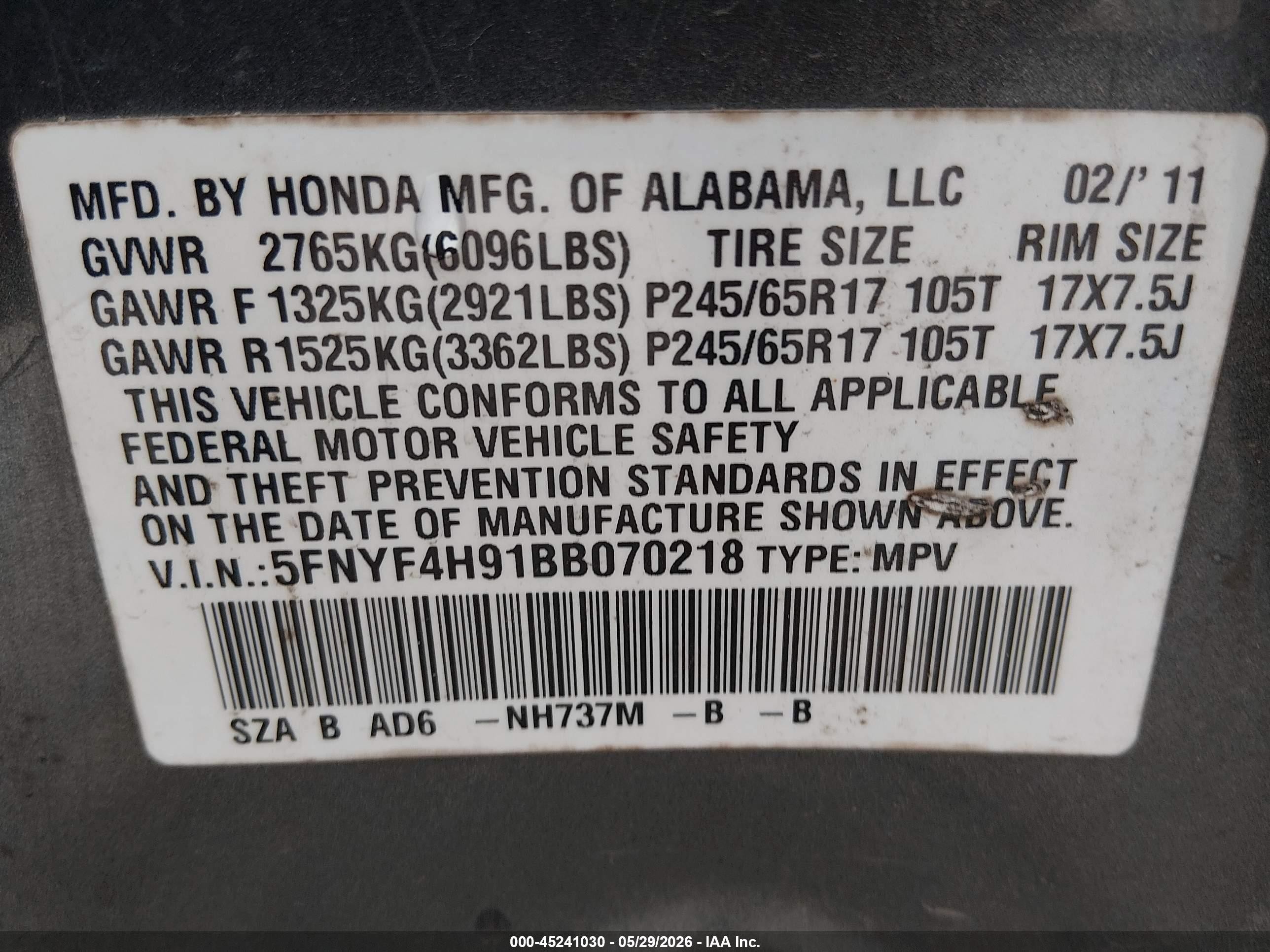 2011 Honda Pilot Touring Gray vin: 5FNYF4H91BB070218