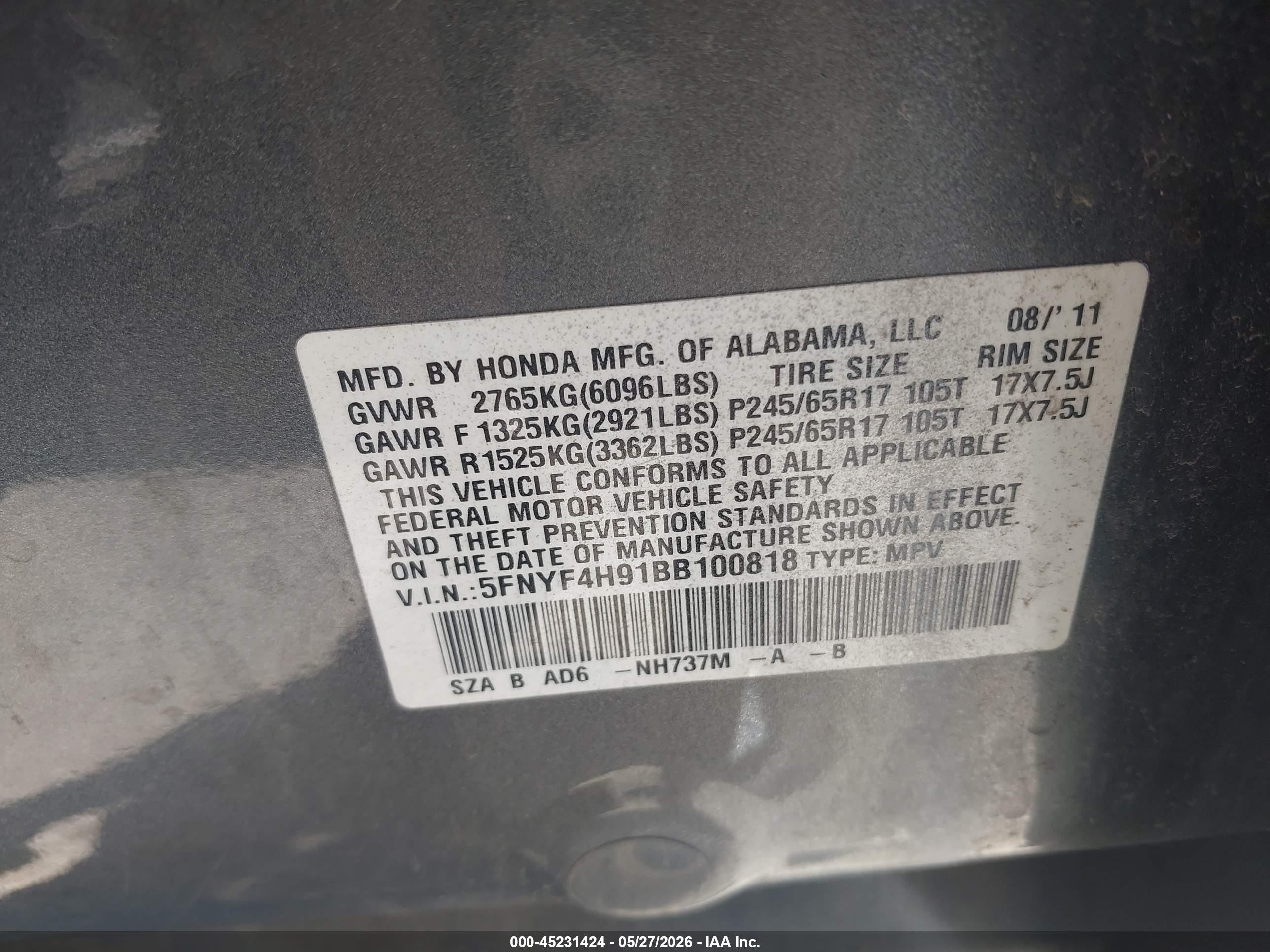 2011 Honda Pilot Touring Gray vin: 5FNYF4H91BB100818