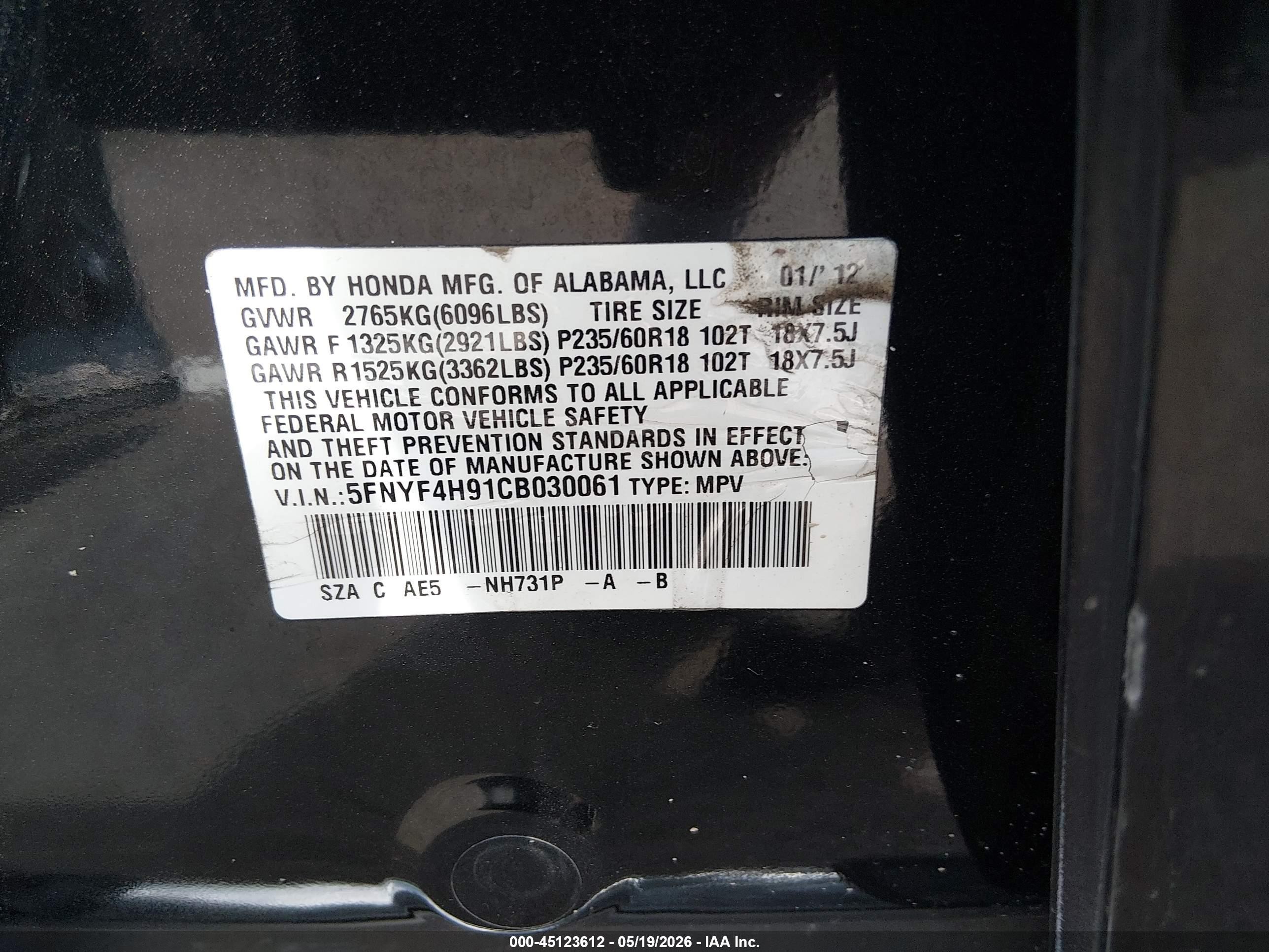 2012 Honda Pilot Touring Black vin: 5FNYF4H91CB030061