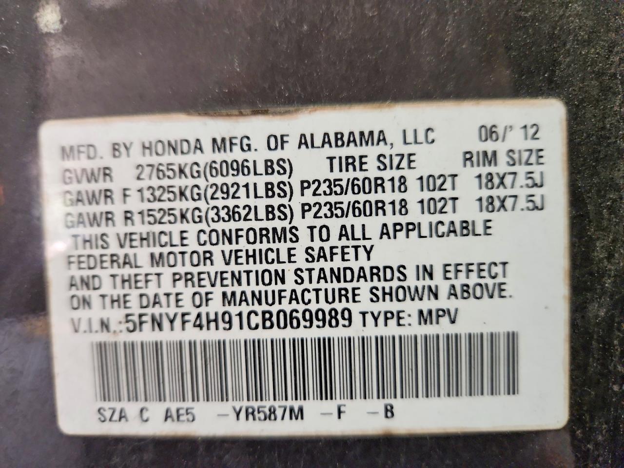 2012 Honda Pilot Touring Gray vin: 5FNYF4H91CB069989